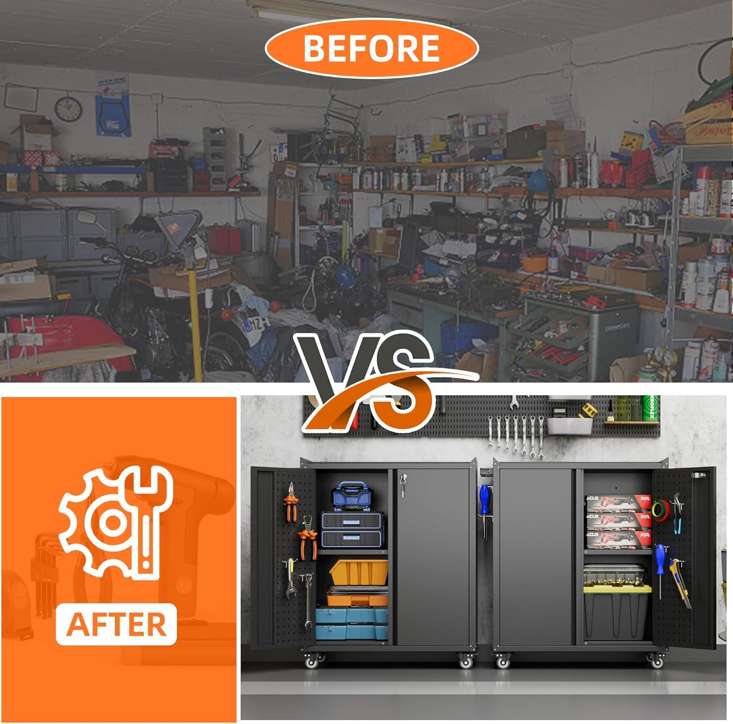 AOBABO 72 Inch Locking Metal Garage Home Office Storage Cabinet with Universal Rubber Wheels/Lockable Casters and Magnetic Doors, White