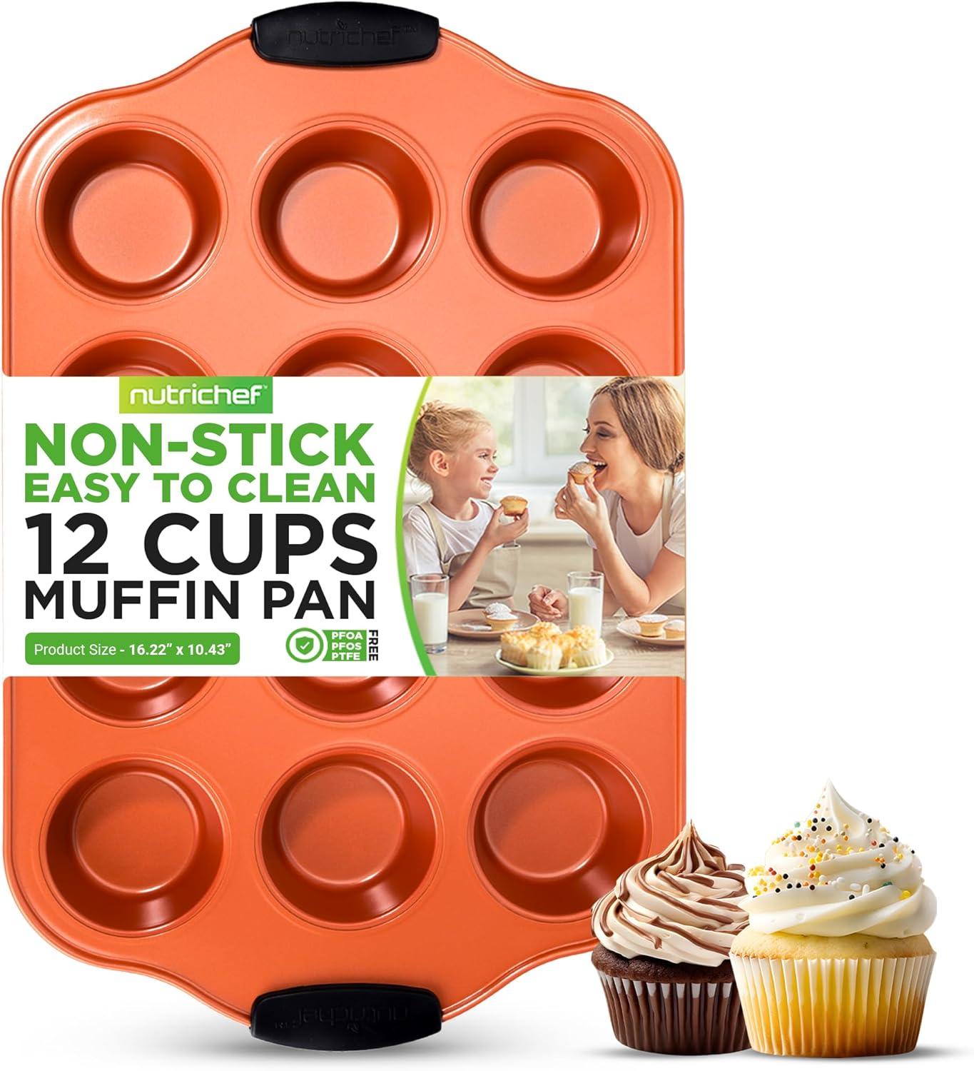 NutriChef 12 Cup Nonstick Copper Muffin Pan with Silicone Handles