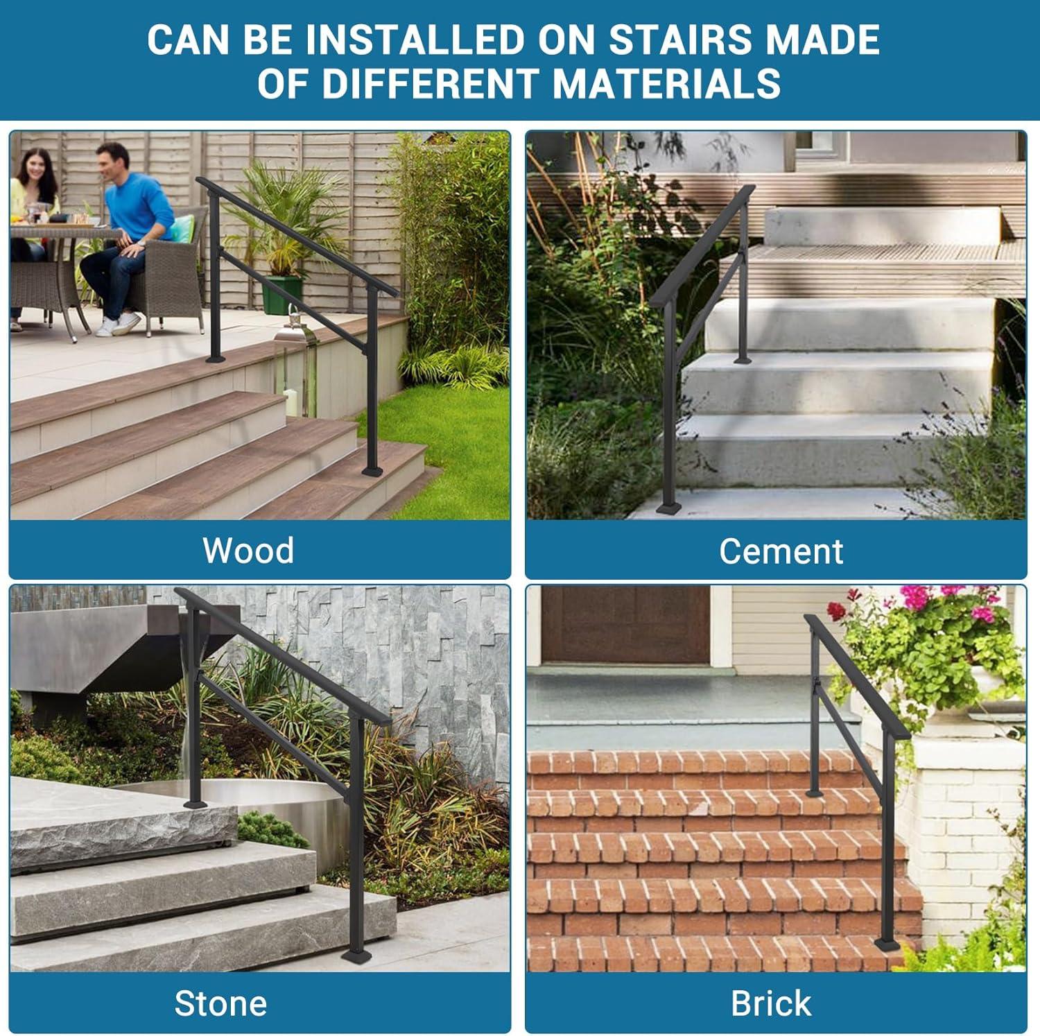 TROPOW Handrails for Outdoor Steps, Adjustable 3 Steps Handrails Outdoor, Porch Handrails for Stairs Fit 2-3 Steps, Metal Porch Railing, Deck Handrail, Black Hand Rails kit, Upgrade Aluminium
