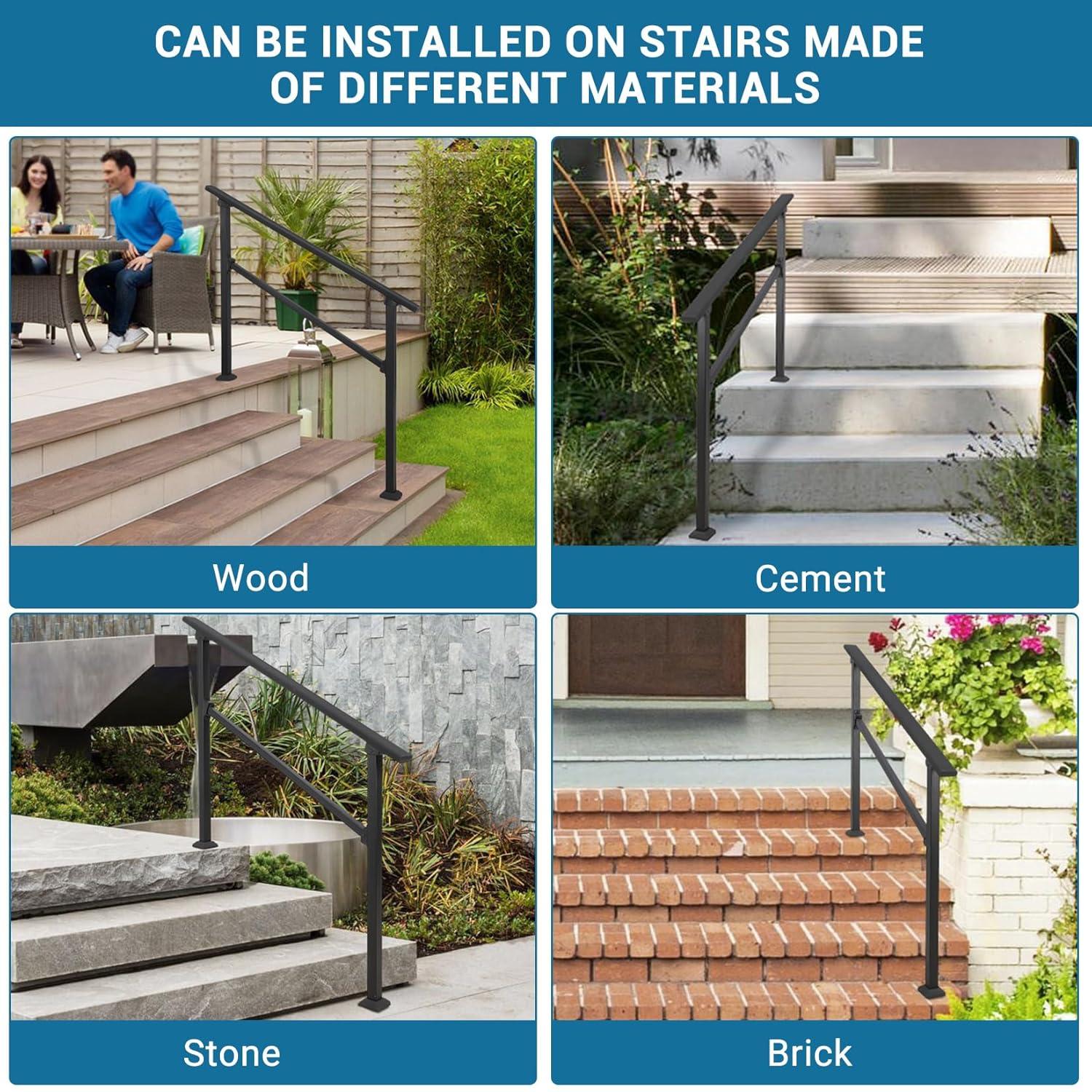 TROPOW Handrails for Outdoor Steps, Adjustable 3 Steps Handrails Outdoor, Porch Handrails for Stairs Fit 2-3 Steps, Metal Porch Railing, Deck Handrail, Black Hand Rails kit, Upgrade Aluminium