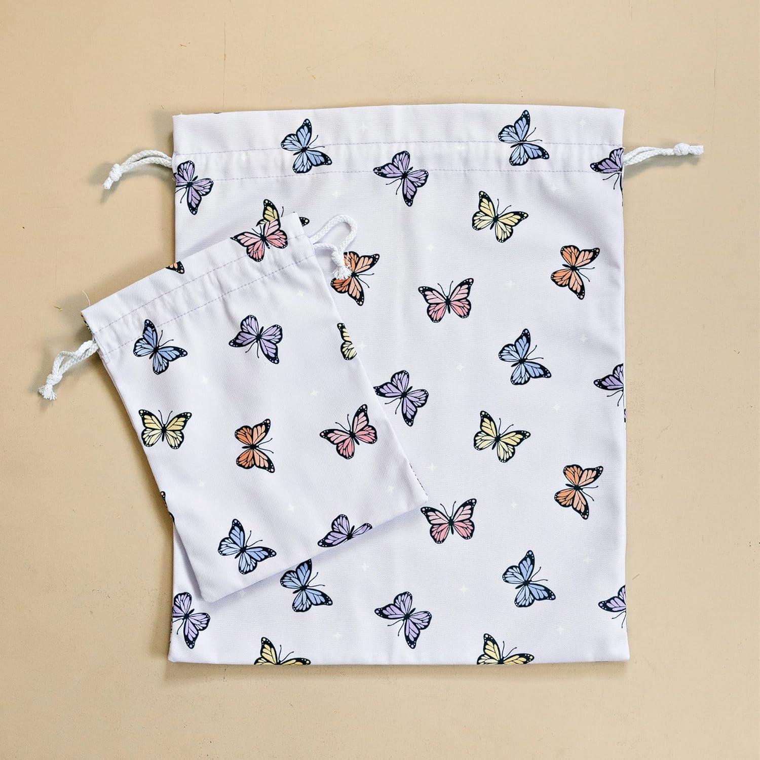 Gather & Knot Drawstring Gift Bags | 20" Large 12" Small | Premium Canvas | Reusable Fabric Wrap for Baby Shower or Girl Birthday | Butterfly