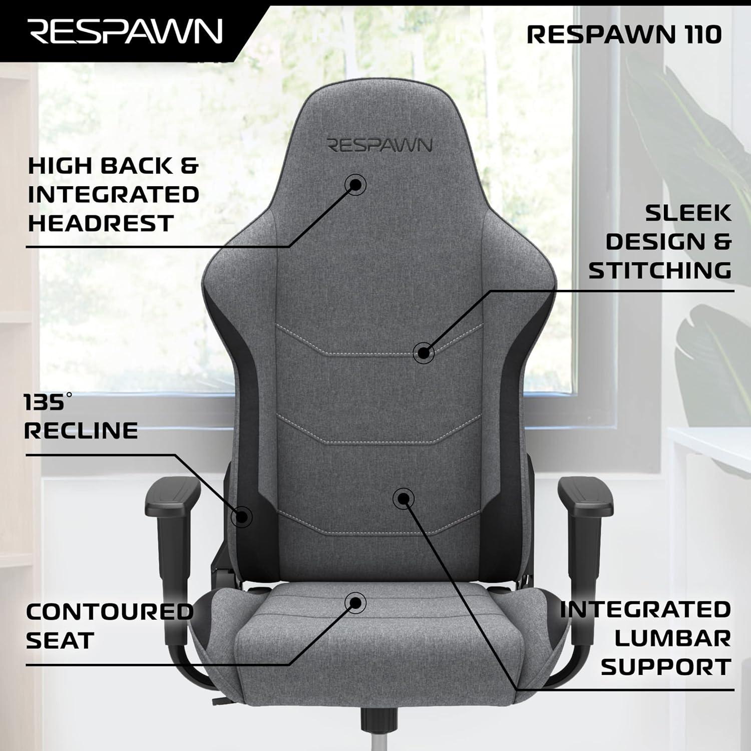 Respawn RESPAWN 110 Gaming Chair - Gamer Chair PC Computer Chair, Ergonomic Gaming Chairs, Office Chair with Integrated Headrest, Gaming Chair for Adults 135 Degree Recline with Angle Lock