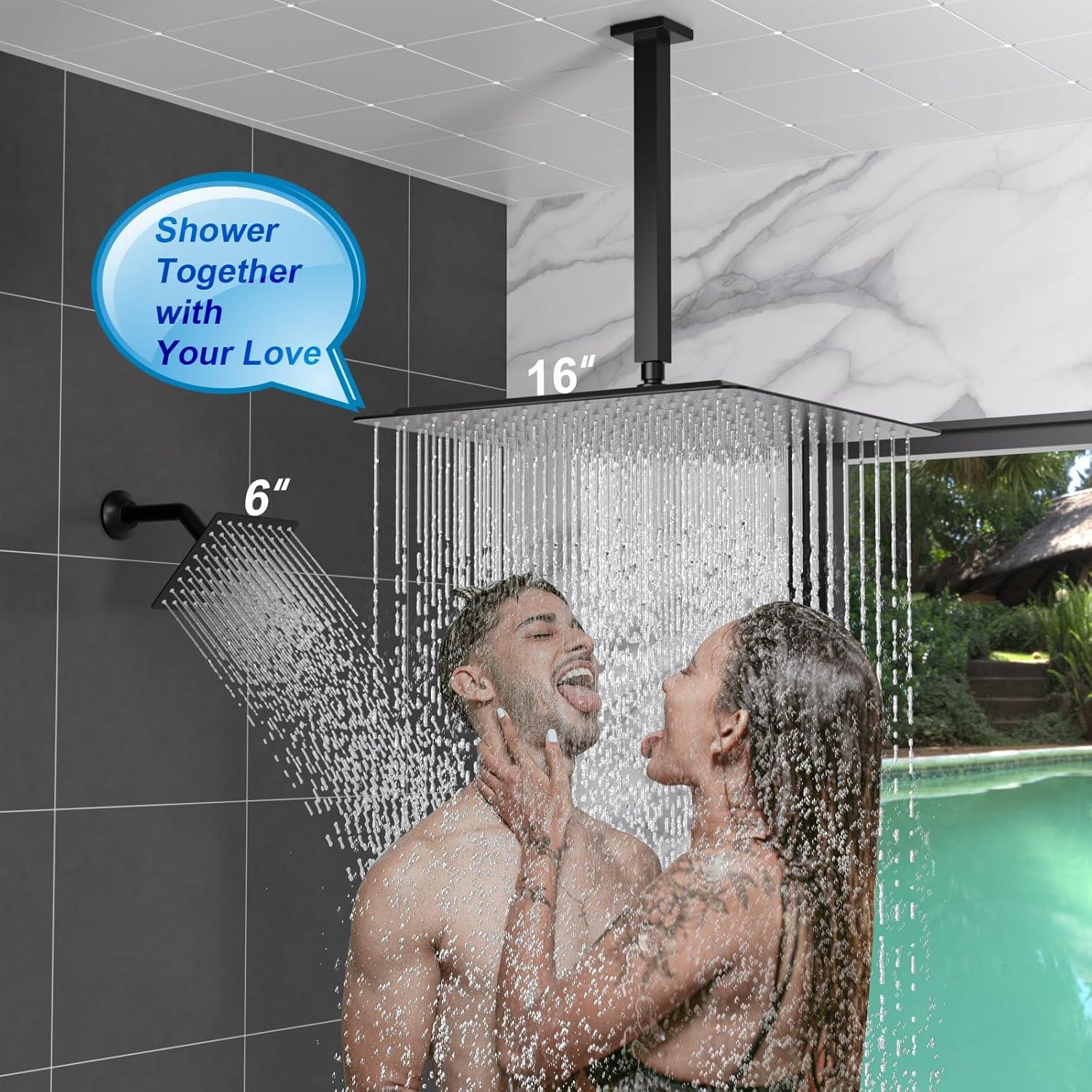 GRANDJOY 16 inch Complete Dual Shower Head System, Celling Mounted Shower Faucet Set with Hand Shower Head, Rough in-Valve, 6 Massage Body Jets - Matte Black