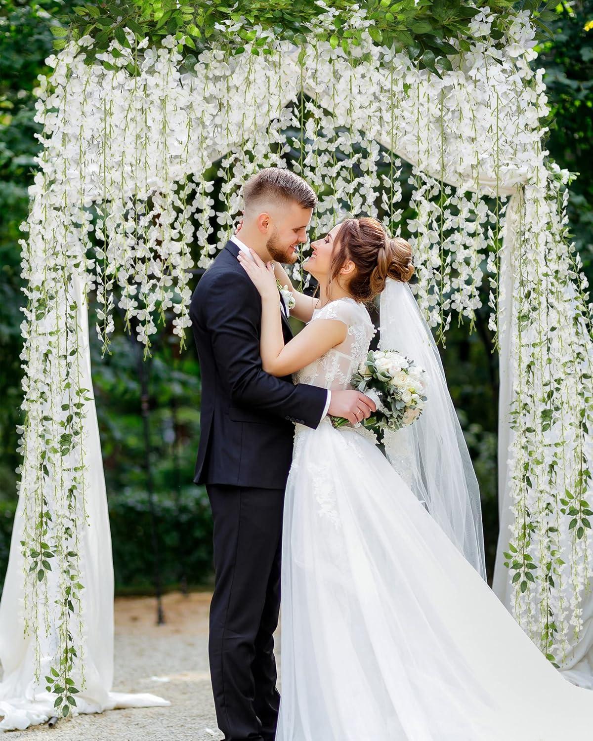 JACKYLED 40 Branches Wisteria Hanging Flowers 6 Feet Artificial White Vine Silk Wisteria Flowers Garland for Wedding Arch Party Garden Home Decor (4 Packs)