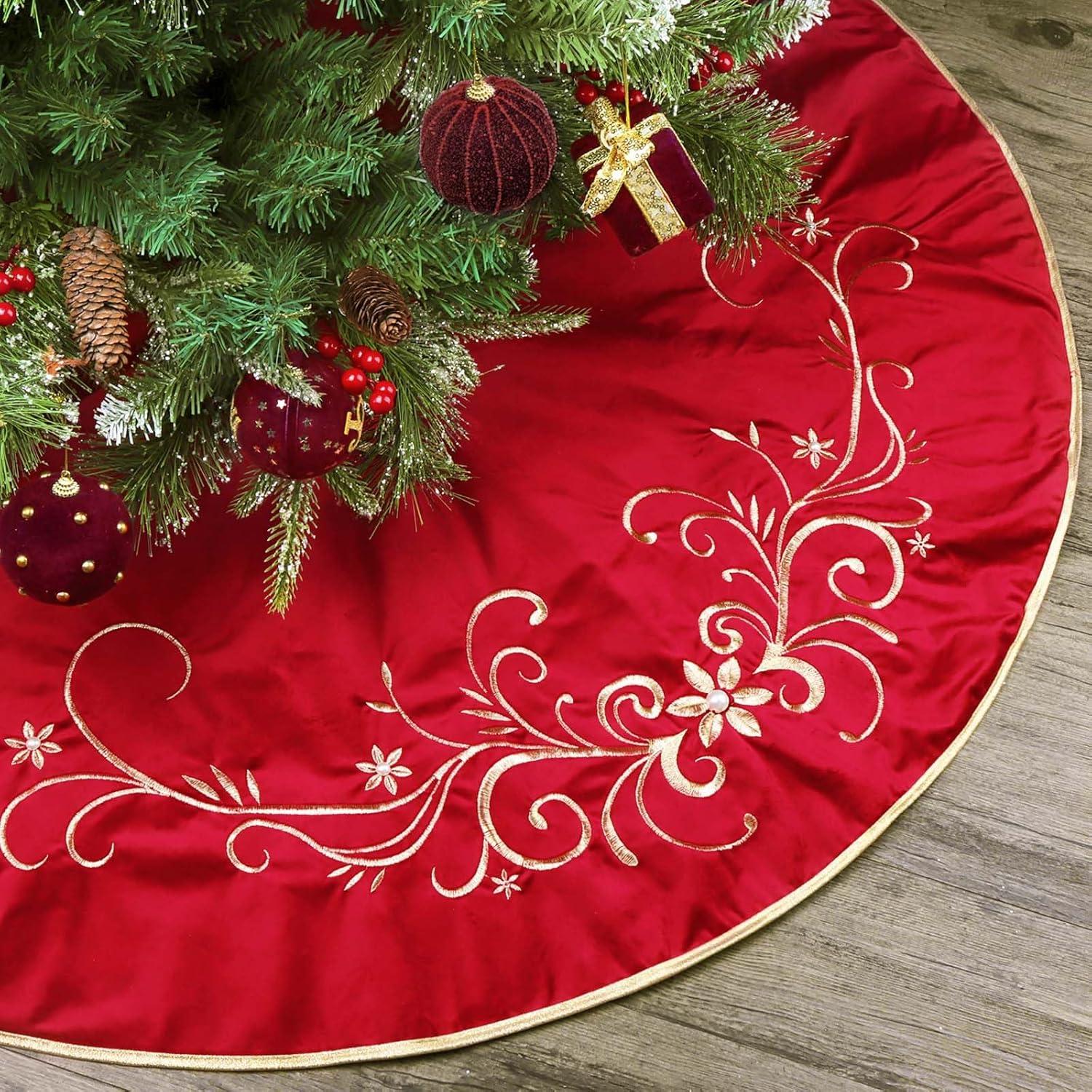 Christmas Tree Skirt, 48 inches Red Luxury Velvet Plush Fur Skirts with Gold Embroidered Holly Leaf for Rustic Xmas Tree Holiday Decorations