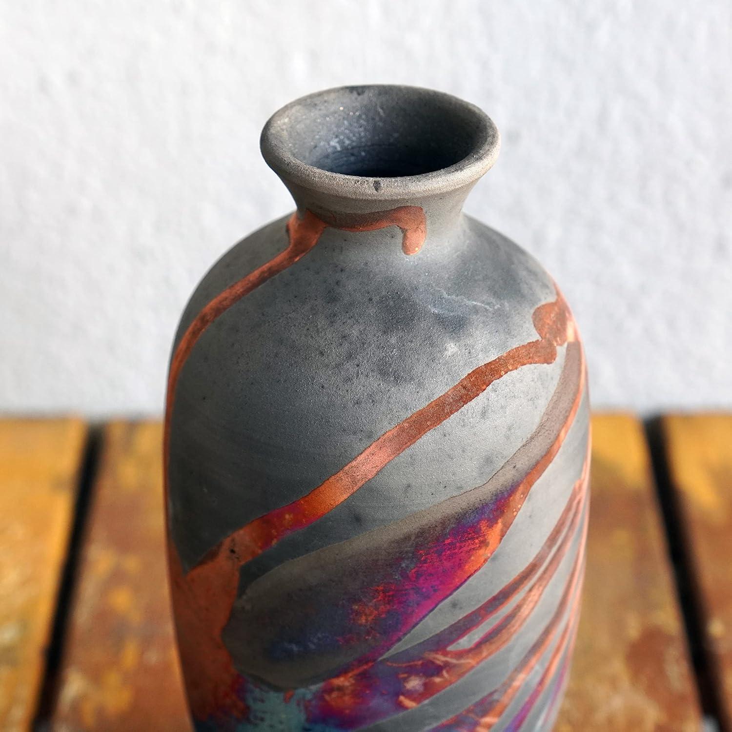 RAAQUU Koban 7" Pottery Home Decor Vase - Carbon Half Copper Matte - Boho Wall Art