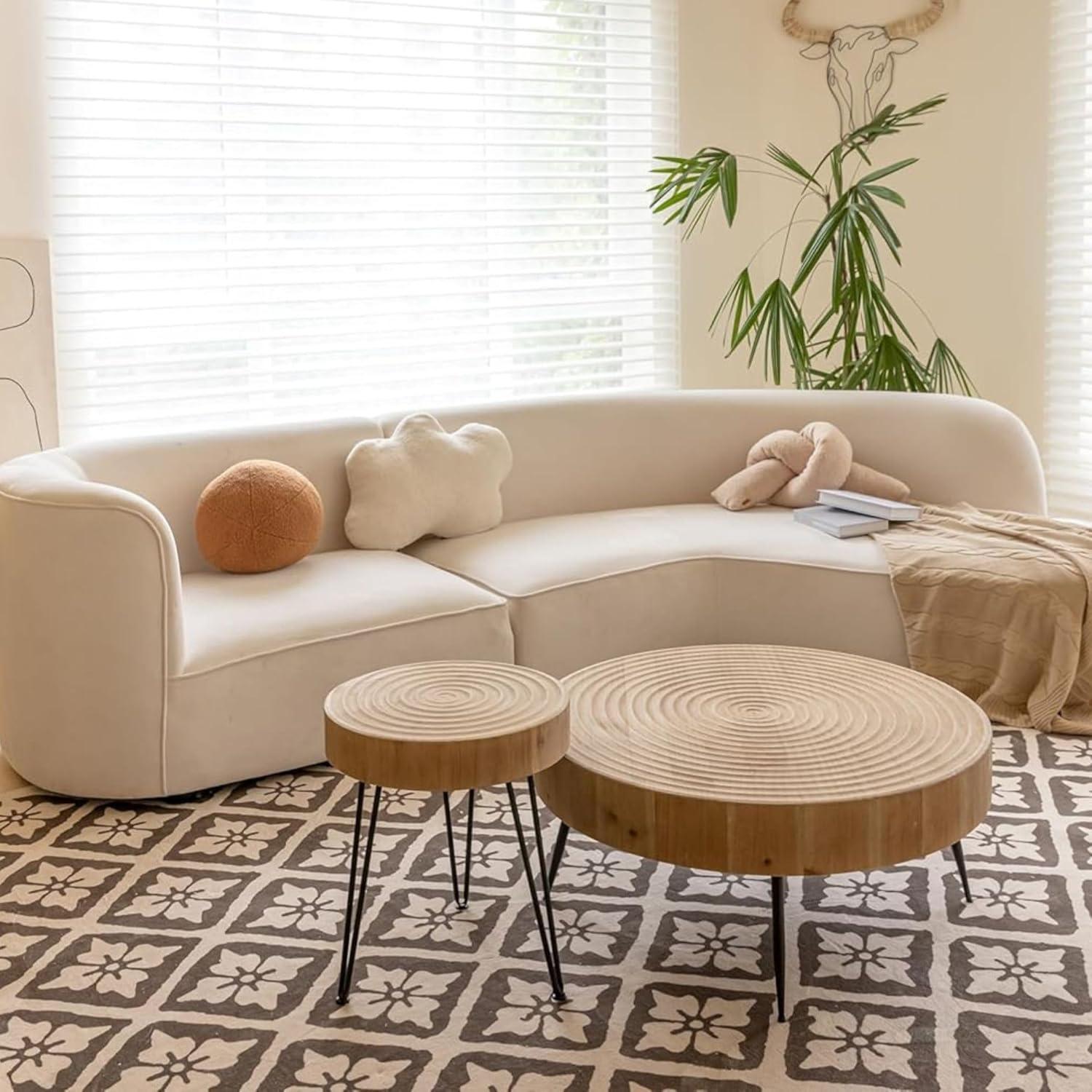 COZAYH 2-Piece Modern Farmhouse Living Room Coffee Table Set, Nesting Table Round Natural Finish with Handcrafted Wood, Ring Pattern