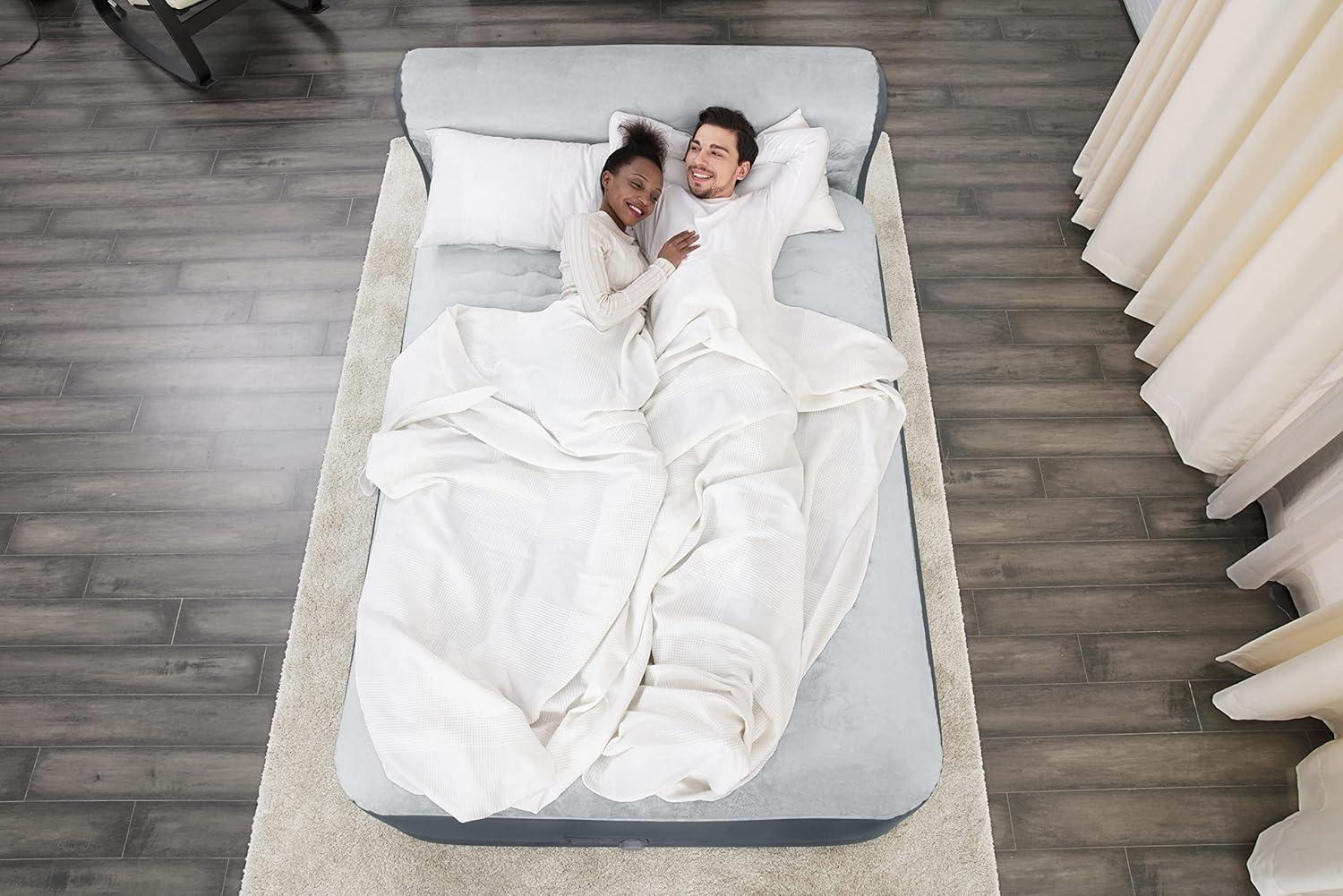 SleepLux Queen Air Mattress with Headboard | Supersoft Snugable Top, Extra Durable Tough Guard | Raised Airbed with Built in Pump + USB Charger (90"x60"x29") Grey