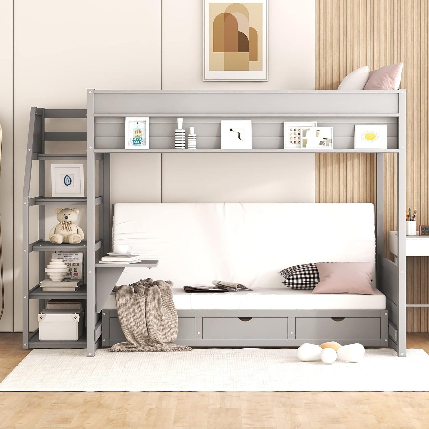 Harper & Bright Designs Full Over Full/Futon Bunk Beds with Stairs and 3 Drawers, Built-in Shelf, Bottom Bed can be Converted into Daybed, Solid Wood Bunk Bed Frame - Gray
