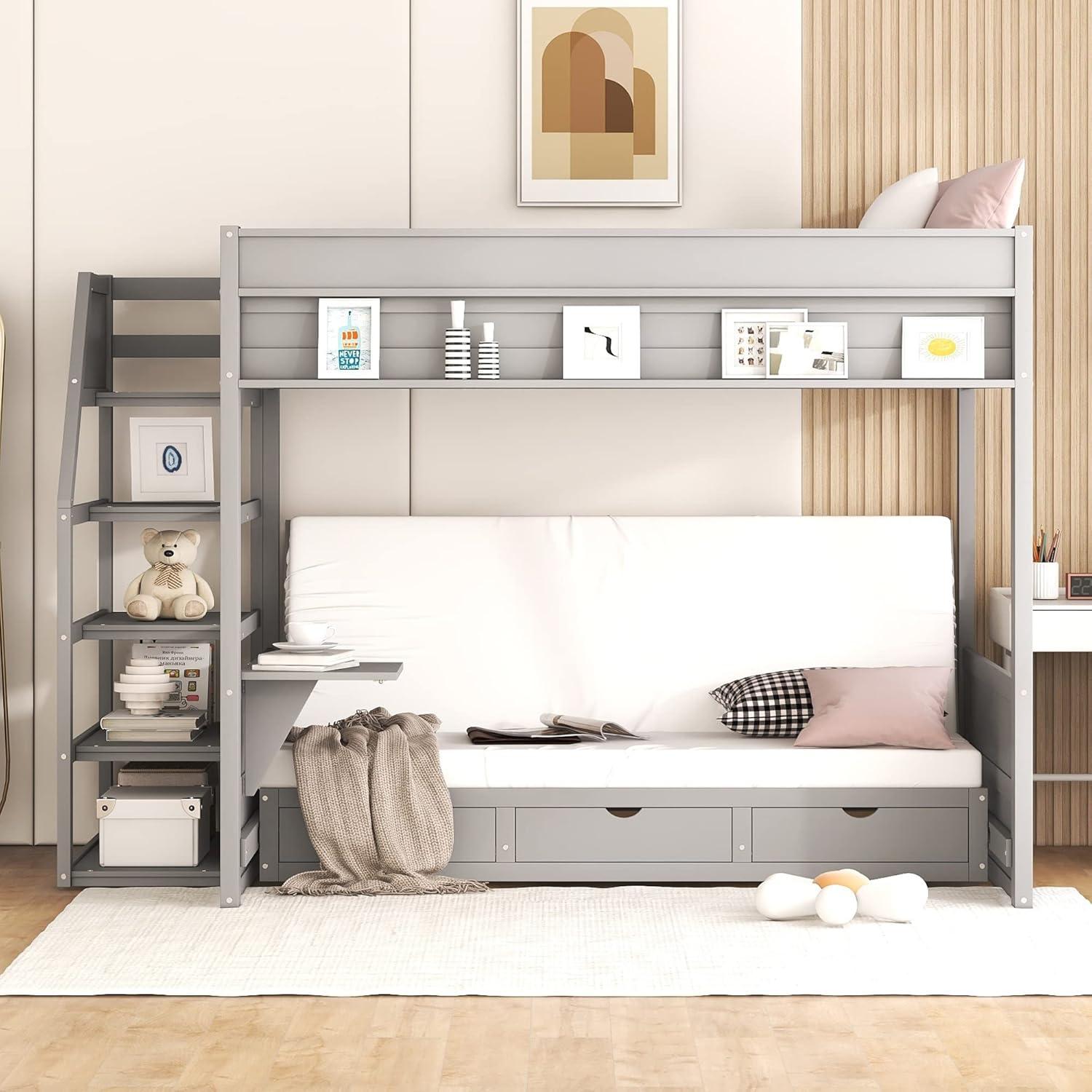 Harper & Bright Designs Full Over Full Bunk Beds with Stairs and Small Shelf, Wood Convertible Bunk Bed can be Converted into Daybed (Gray)