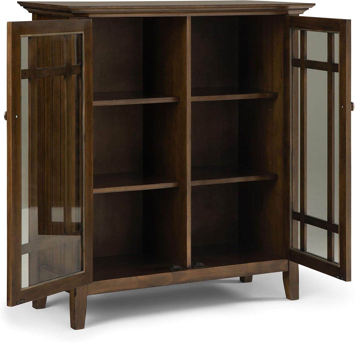 Simpli Home Bedford 39"W Solid Wood 4-Shelf Medium Storage Cabinet with Glass Doors and Adjustable Shelves