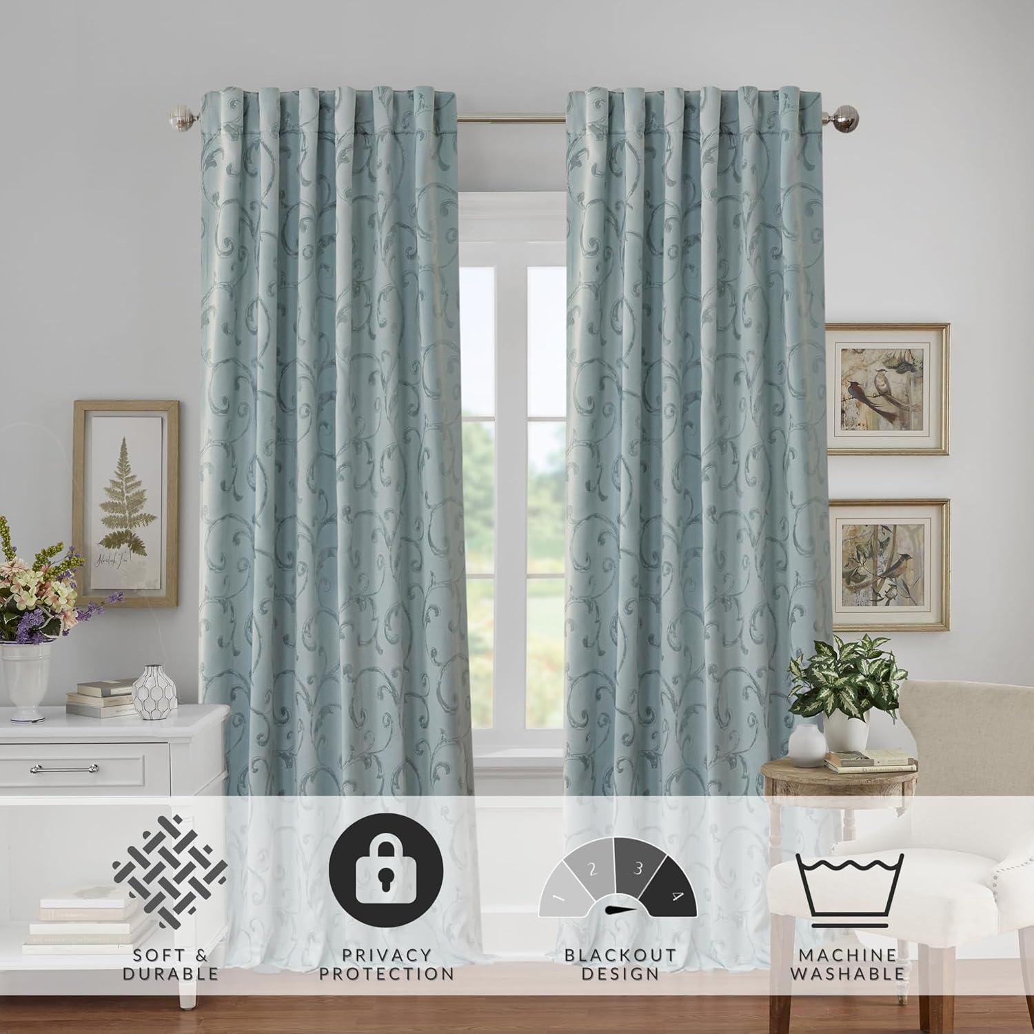 Mia Jacquard Scroll Blackout Window Curtain Panel - 52" x 95" - Blue - Elrene Home Fashions