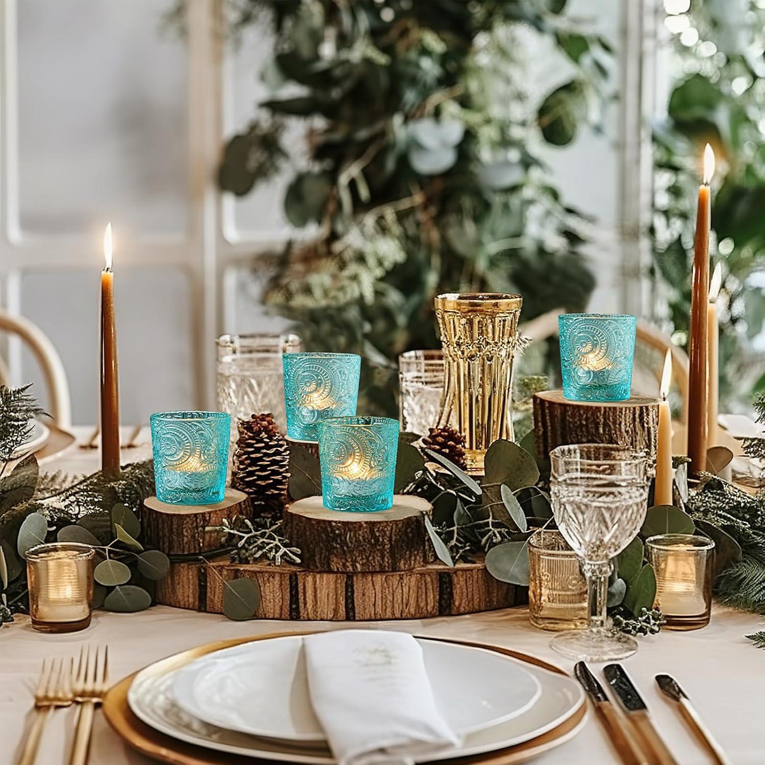 6 Pack Sun Moon Star Embossed Glass Tea Light Candle Holders - Votive Candle Holders for Wedding, Party, Home Decor, and Table Centerpieces (Aqua Blue)