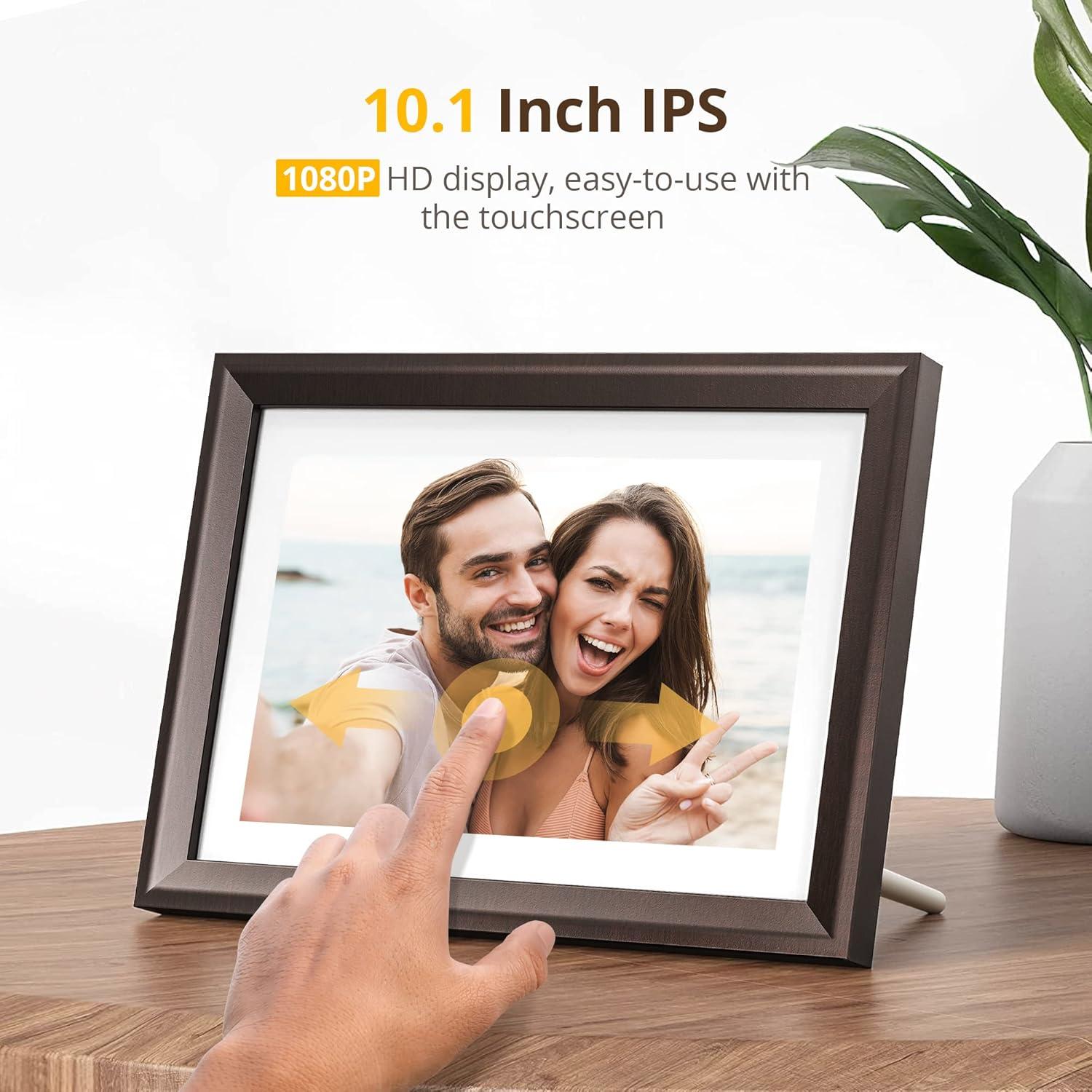 Dragon Touch Digital Picture Frame WiFi 10 inch IPS Touch Screen Digital Photo Frame Display, 32GB Storage, Auto-Rotate, Share Photos via App, Email, Cloud, Classic 10 Brown, PUUDUU