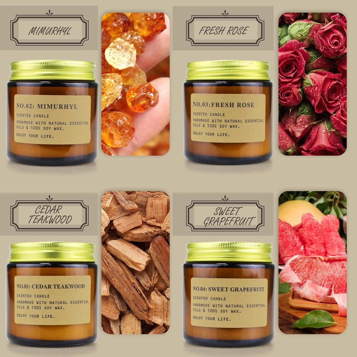 YFYTRE 4 Pack Scented Candle Set Soy Wax, Aromatherapy Candles for Home Decoration, Jar Candles Gift for Women with Amber Glass Jars and Kraft Wrapping