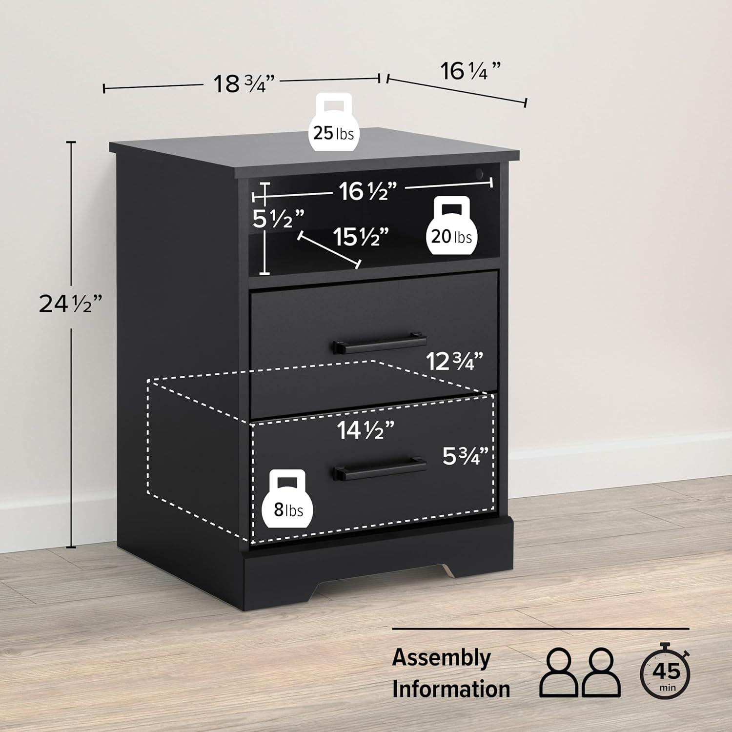 Prepac Rustic Ridge Farmhouse Nightstand with 2 Drawers and Open Shelf Black