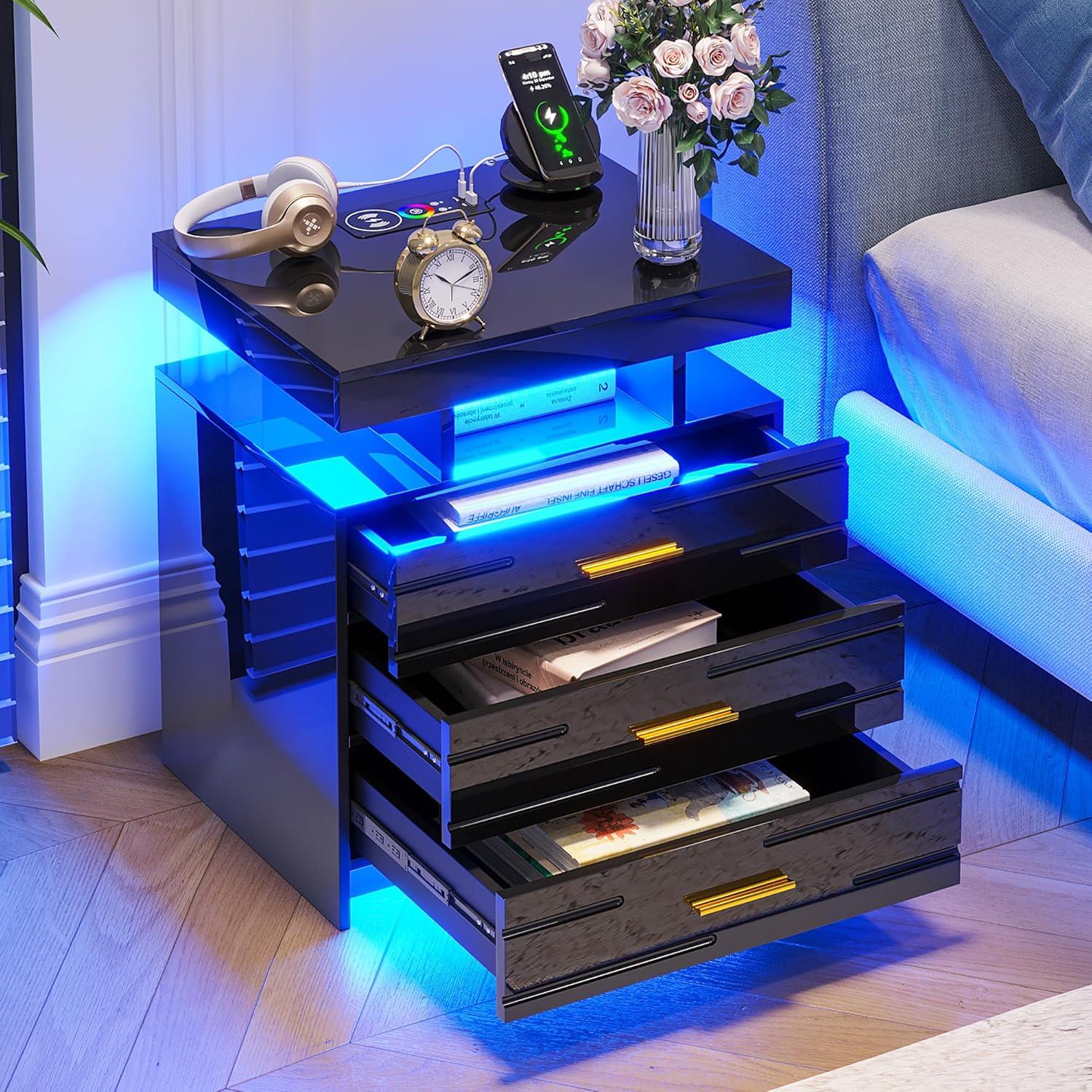 HNEBC Smart LED Nightstand with Wireless Charging & USB Ports, High Glossy Night Stand with 3 Drawers and 1 Pull-Out Tray, Modern Bedside Table with Human Sensor for Bedroom (White)