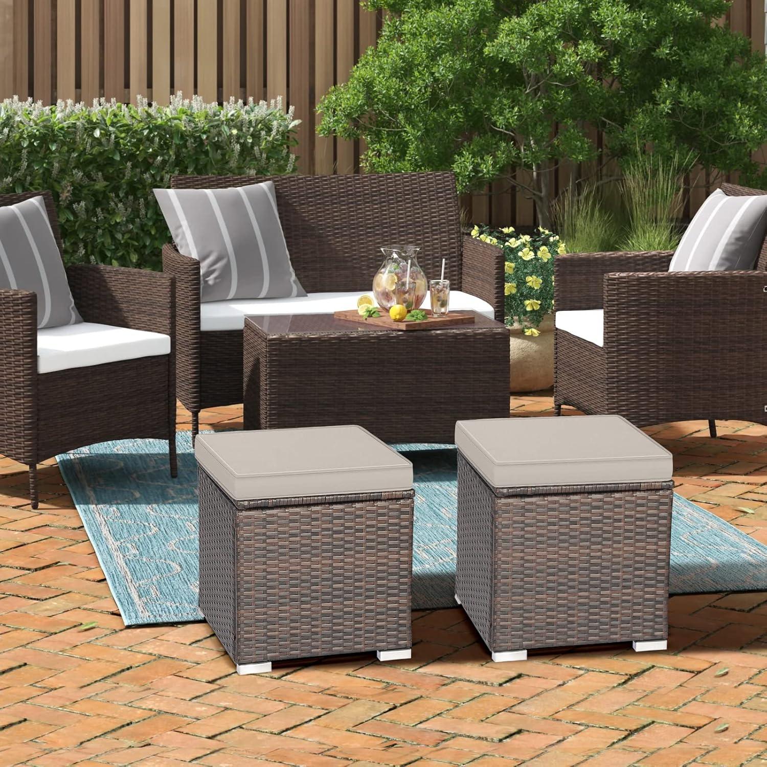 Latitude Run® 2-Pieces Patio Ottoman Set Outdoor Wicker Stool With Storage