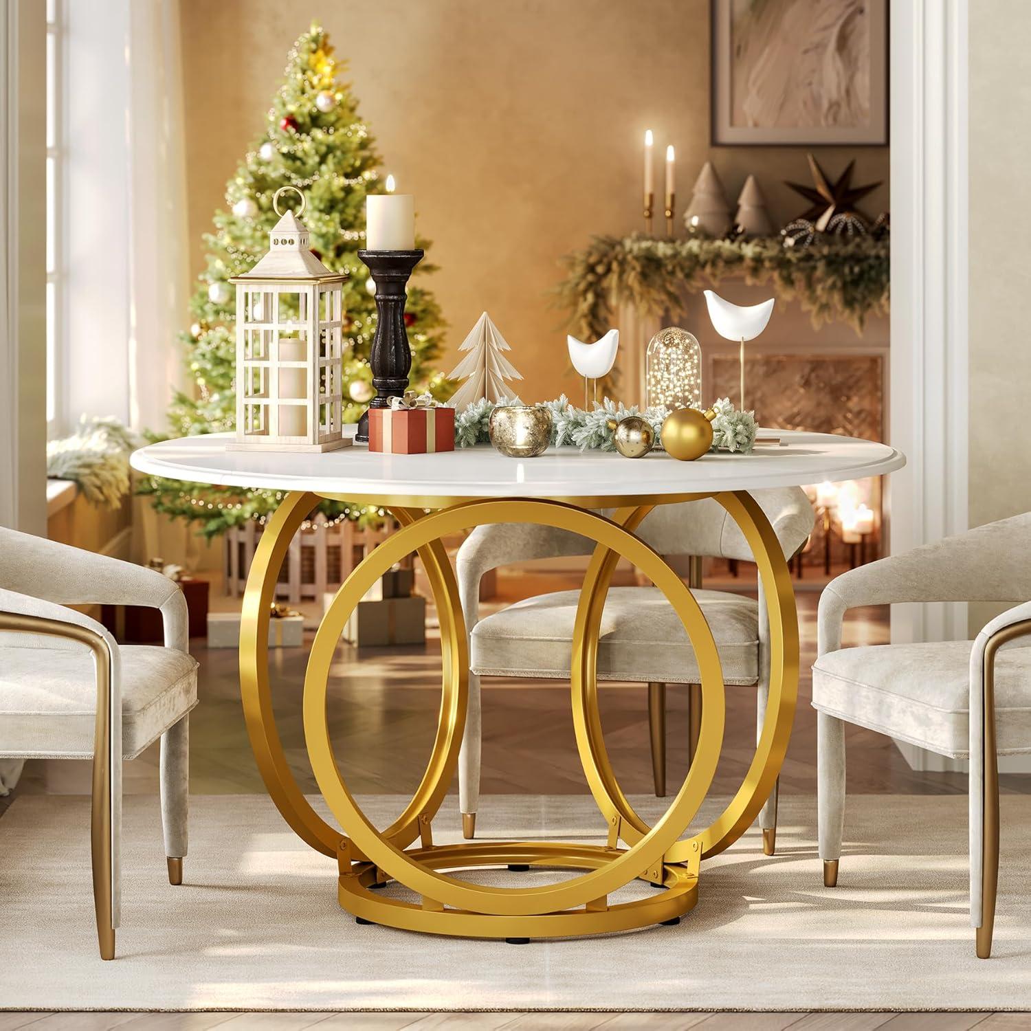 47 inch Dining Table for Dining Room, 4 People Round Dinner Table white & Gold