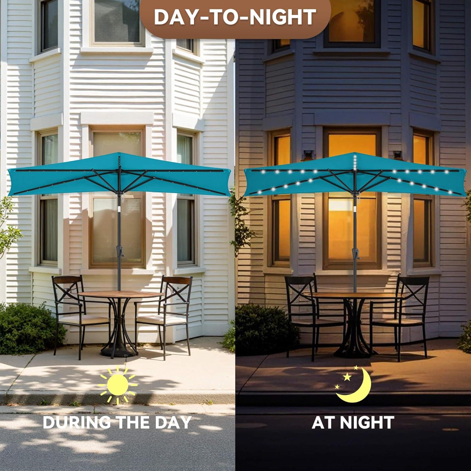 FLAME&SHADE 9 ft Half Round Solar Powered Outdoor Market Patio Table Umbrella for Wall Balcony with LED Lights and Tilt, Aqua Blue