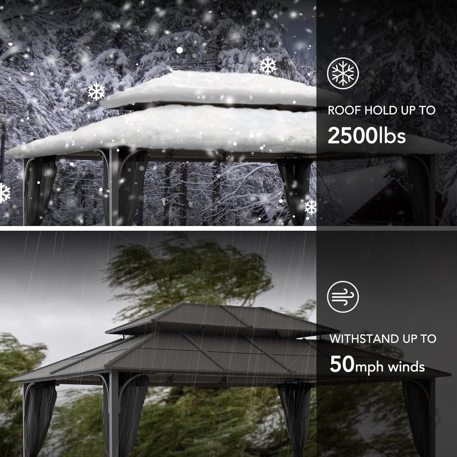 Sunjoy Sunjoy Hardtop Gazebo 12 x 16 ft. Outdoor Gazebo, Heavy Duty Steel Frame Gazebo, Double Tiered Metal Gazebo with Ceiling Hook and Removable Netting Sidewalls