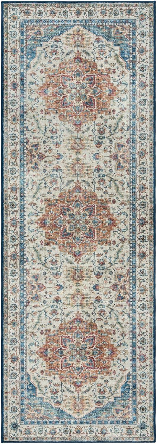 Gertmenian Crystal Print Tiefi Blue Red Multi Traditional Medallion Washable Flat Pile Indoor Area Rug