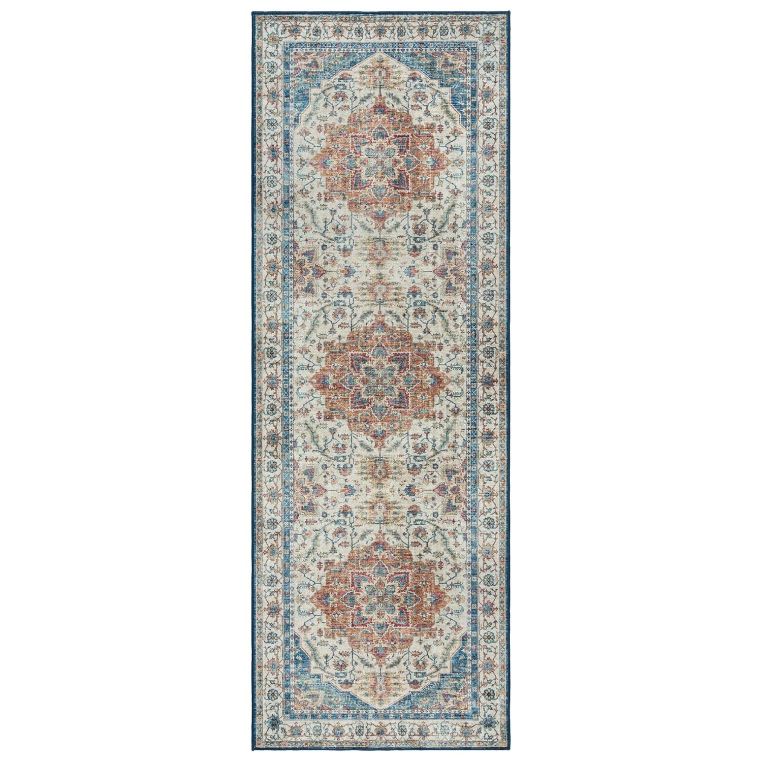 Gertmenian Crystal Print Tiefi Blue Red Multi Traditional Medallion Washable Flat Pile Indoor Area Rug