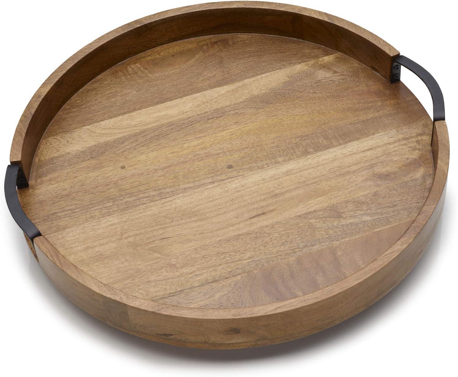 Mango Wood Round Lazy Susan Serving Tray with Iron Handles