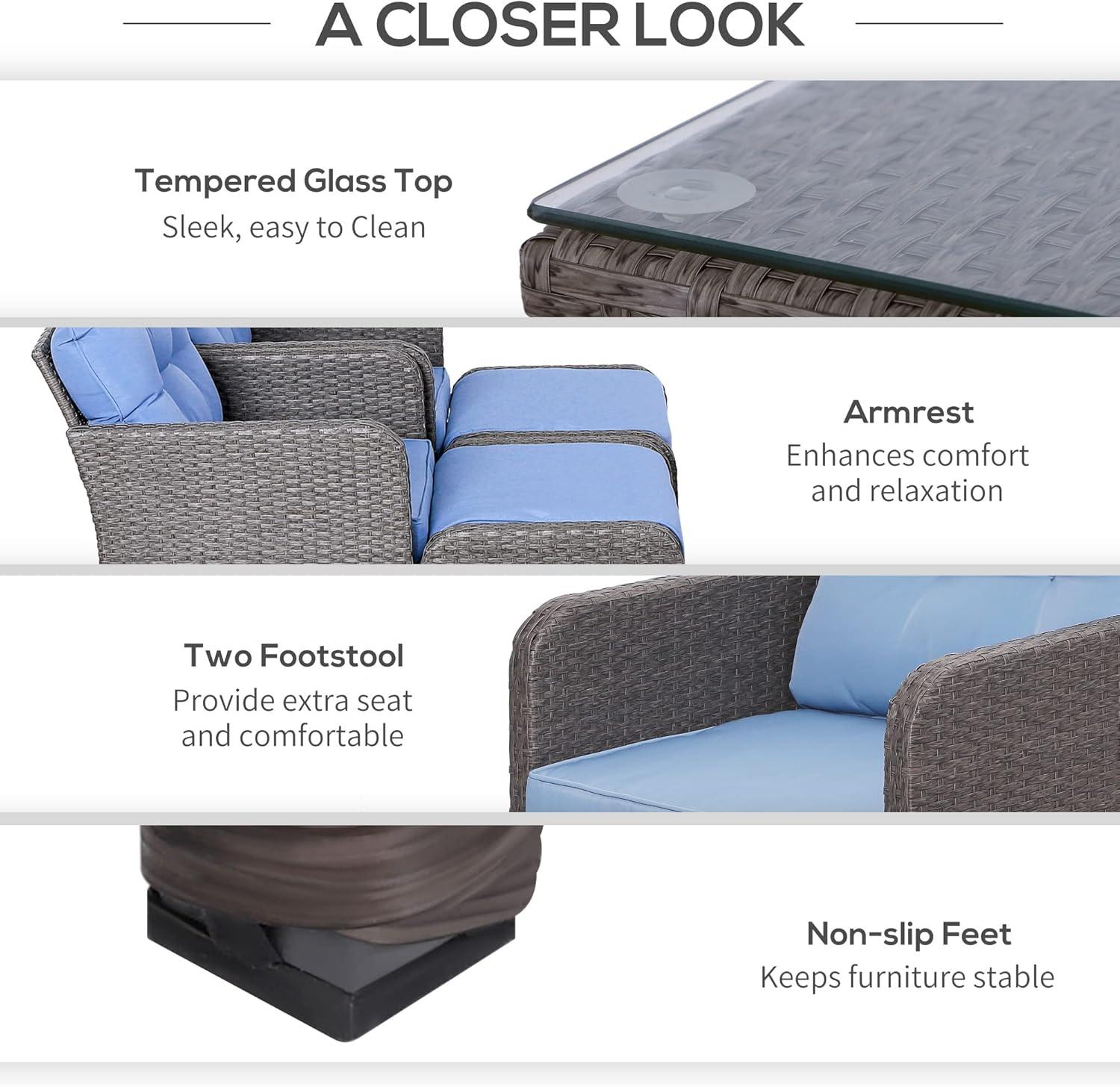 Outsunny 5 Piece Rattan Wicker Lounge Chair, Outdoor Patio Conversation Set with 2 Cushioned Chairs, 2 Ottomans & Top Coffee Table, Brown