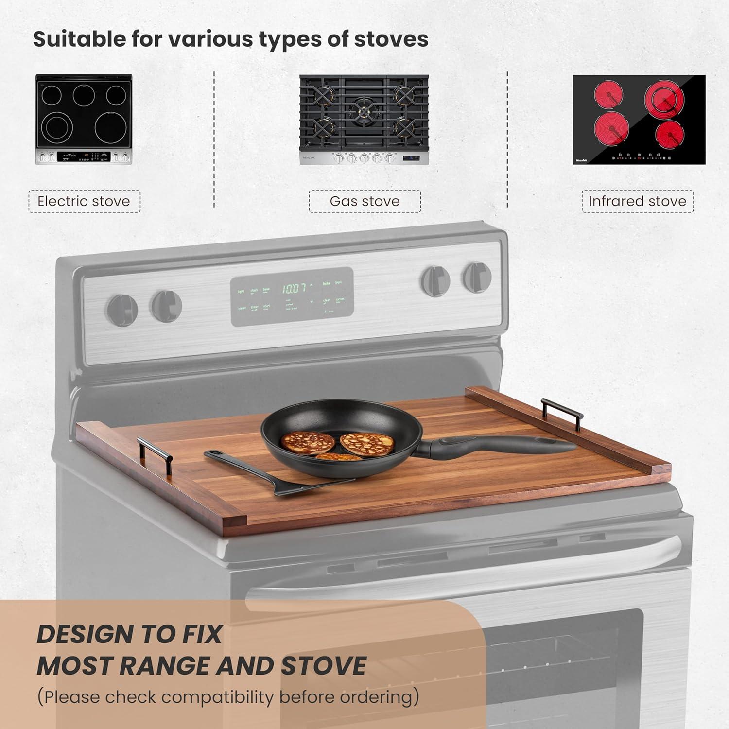 Acacia Wood Stove Top Cover with Metal Handles