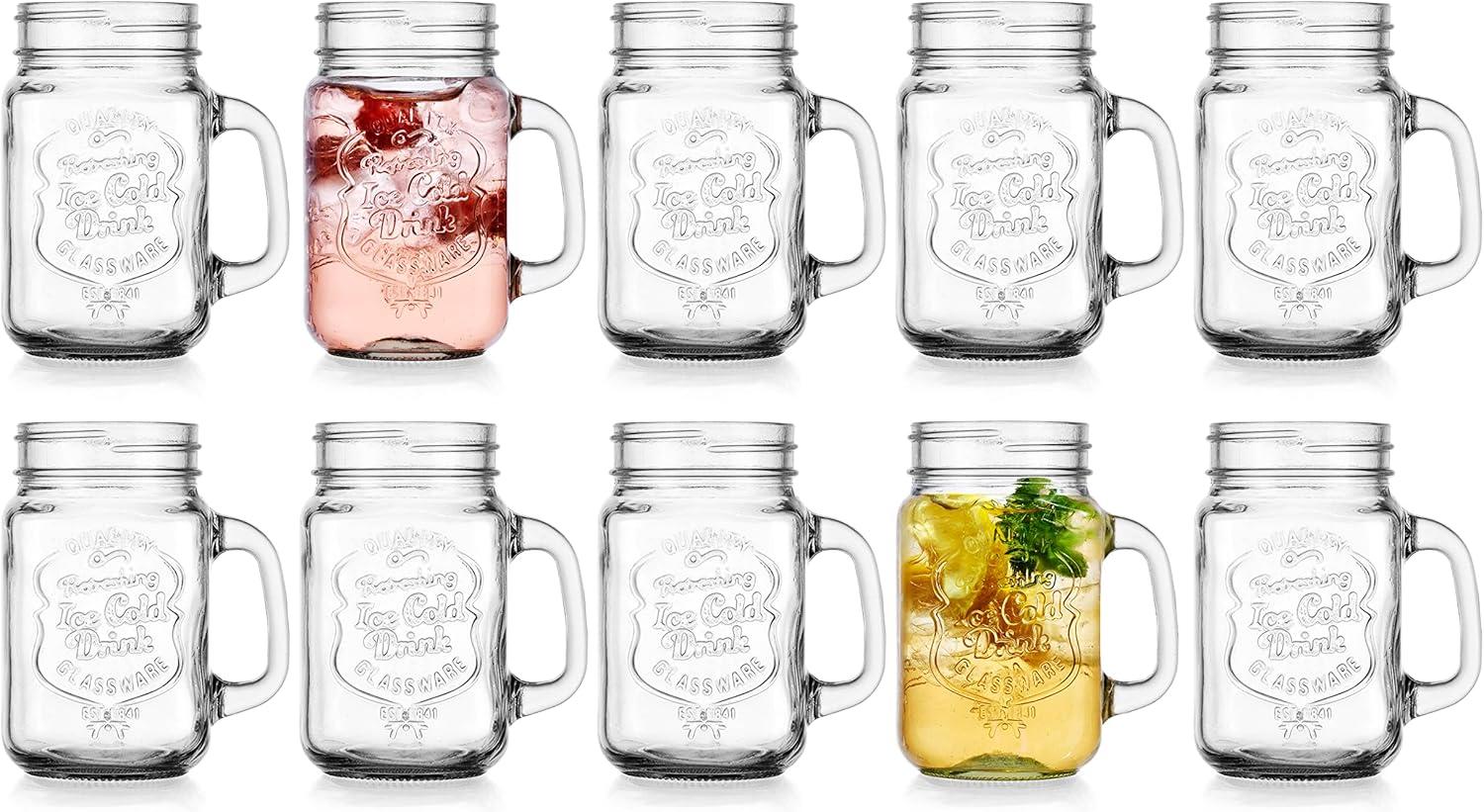 Glaver's Set of 10 Ice Cold 16 Oz. Mason Drinking Glasses With Handles. Quality Refreshing Ice Cold Embossed Logo Jars for Beverages, Cocktails, Shakes, Smoothies, Sodas, Juice.