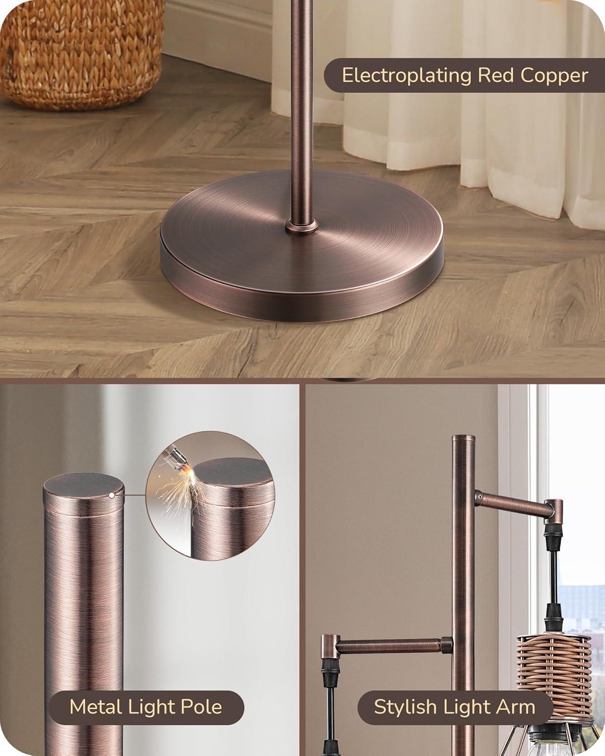 EDISHINE Dimmable Rustic Floor Lamp, Farmhouse Standing Lamp with 3 LED Edison Bulbs, Rattan Design Floor Lamps for Living Room, Bedroom, Reading Corner, Office, Electroplated Brushed Red Copper