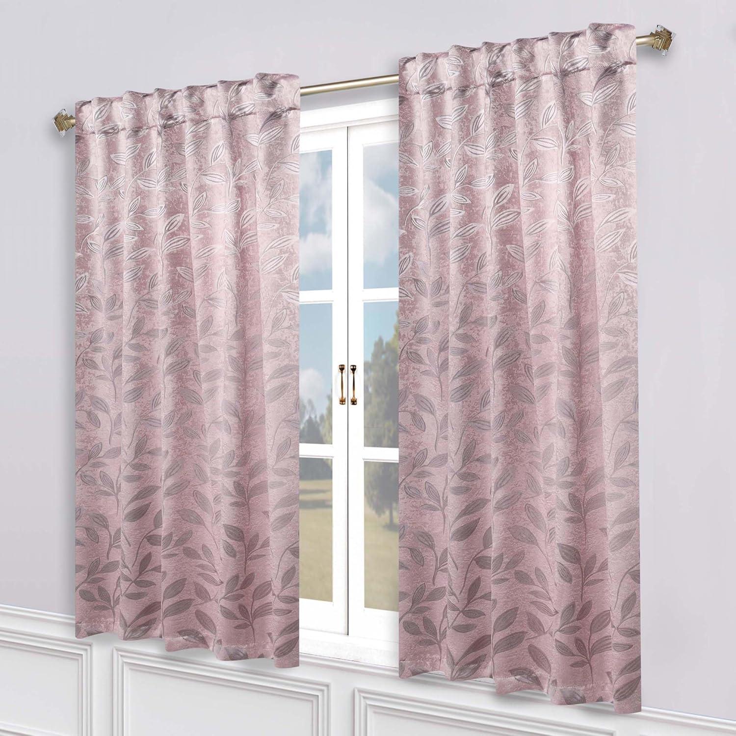 Superior Leaves Blackout Back Tab Curtains, Set of 2, 52" x 63", Blush