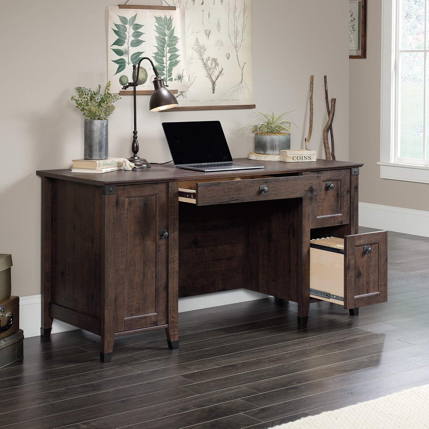 Executive Coffee Oak Workstation with Drawer and Filing Cabinet