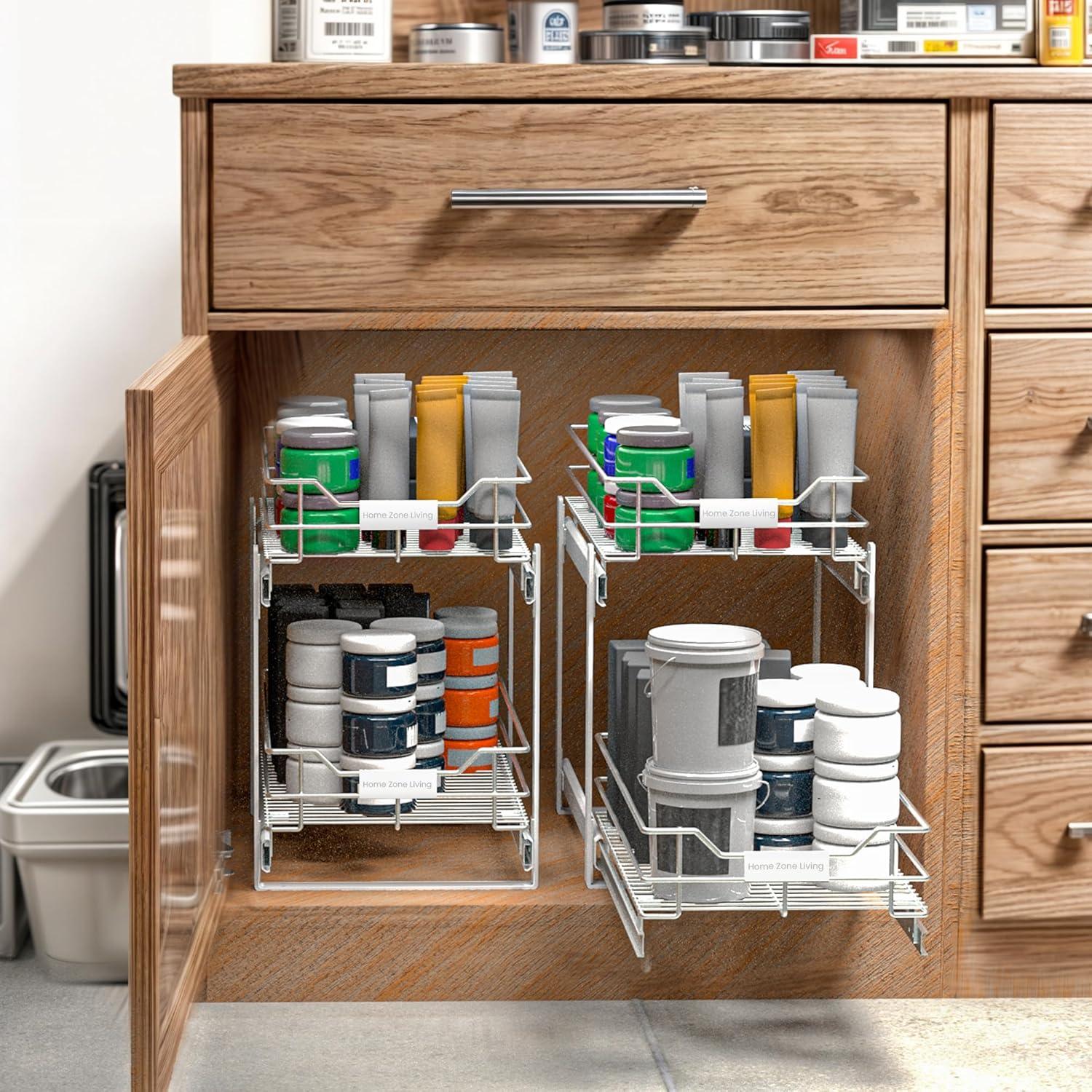 Home Zone Living 11” Width x 20” Depth 2 Shelves Pull Out Storage Organizer, Silver