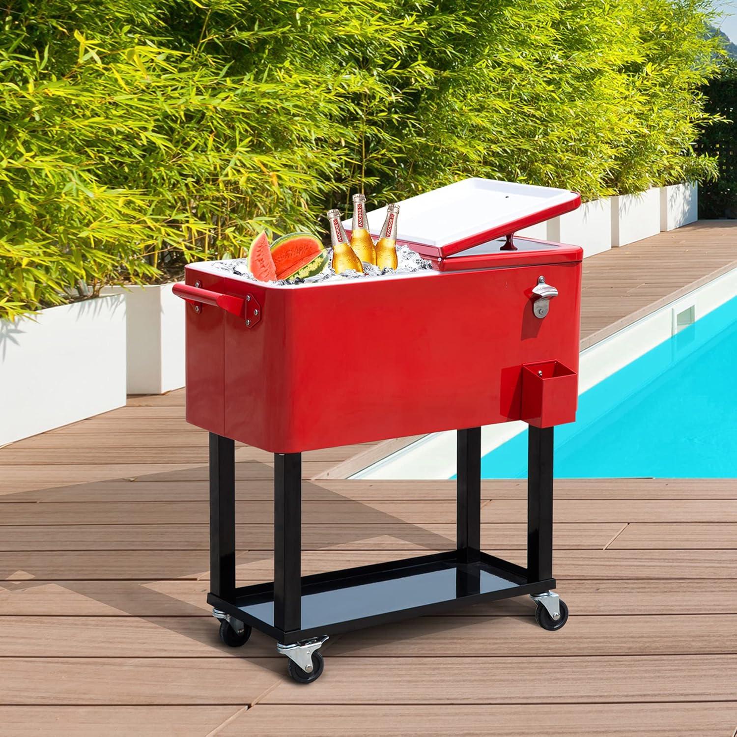 IRHOMA Outsunny 80 QT Rolling Cooling Bins Ice Chest on Wheels Outdoor Stand Up Drink Cooler Cart for Party