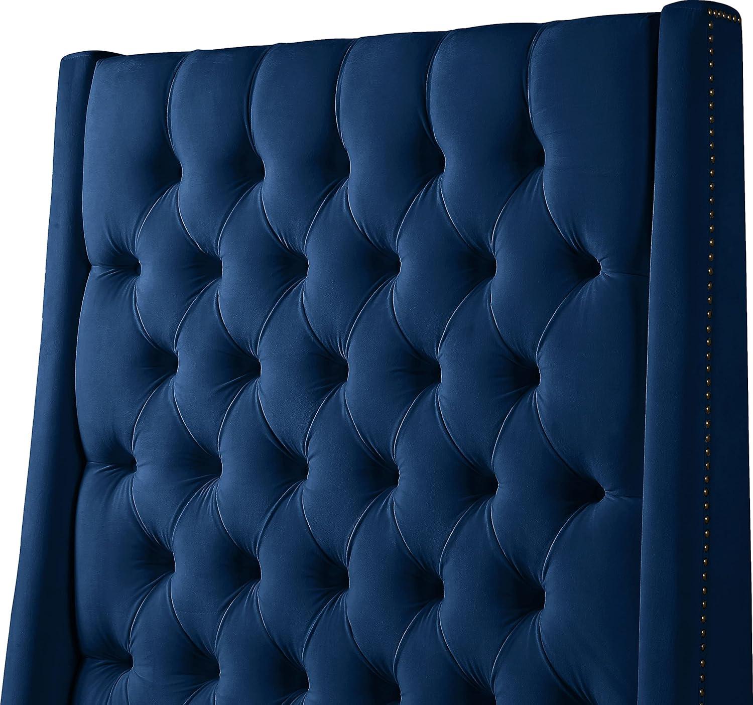 Elegant Navy Velvet Full Bed with Brass Nailhead Trim and Tufted Headboard