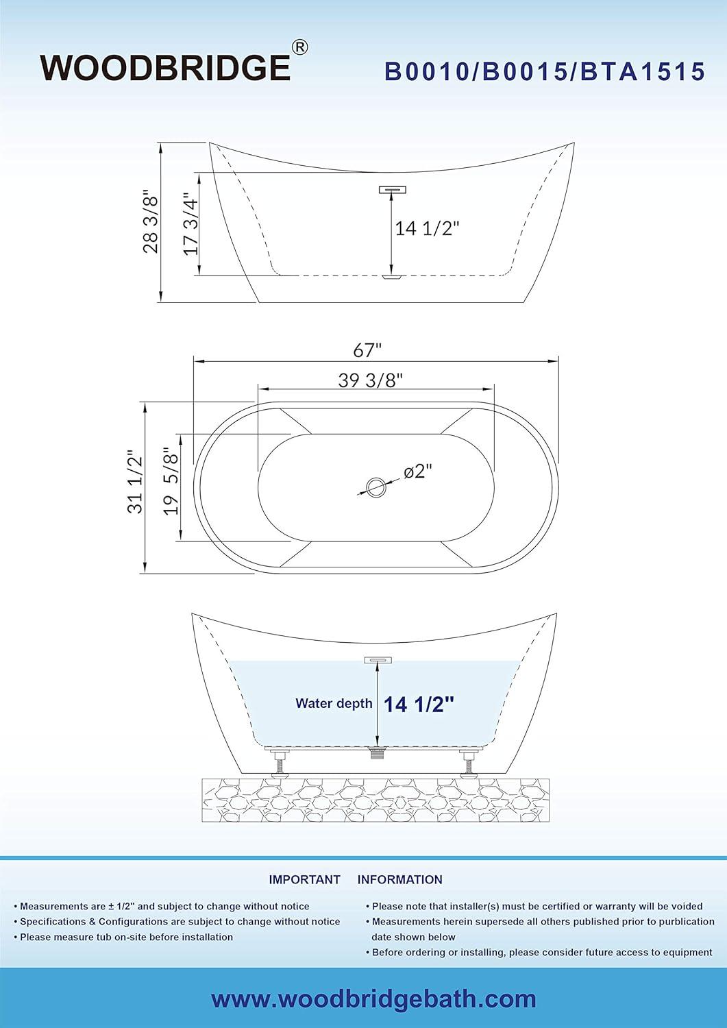 WOODBRIDGE 67" Acrylic Freestanding Bathtub Contemporary Soaking White Tub with Matte Black Overflow and Drain,B0010-MB-Drain &O