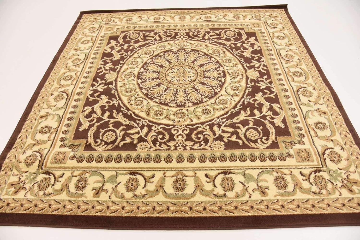 Elegant Medallion 6' Square Brown Synthetic Area Rug