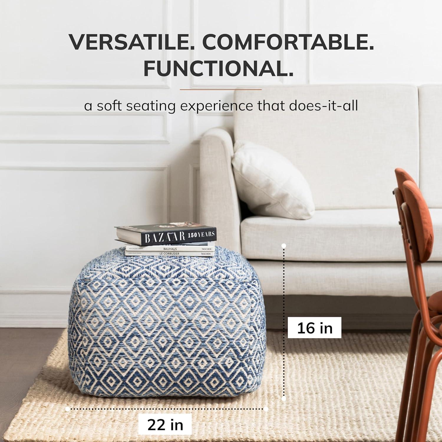 Chero Distressed Diamond 22" Square Pouf Ottoman Blue and Beige