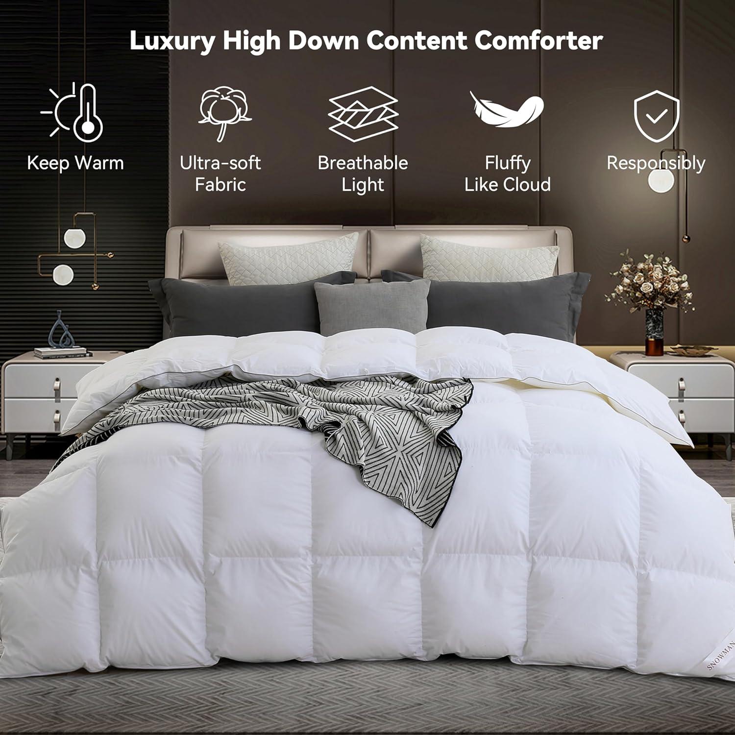 SNOWMAN Extra-Soft Down Blanket Queen, Lightweight Down Comforter with 8 Corner Tabs, Cooling Bed Comforter for Hot Sleepers, 18oz Fill Weight and Noiseless Down Proof Fabric (White, 90"x90")