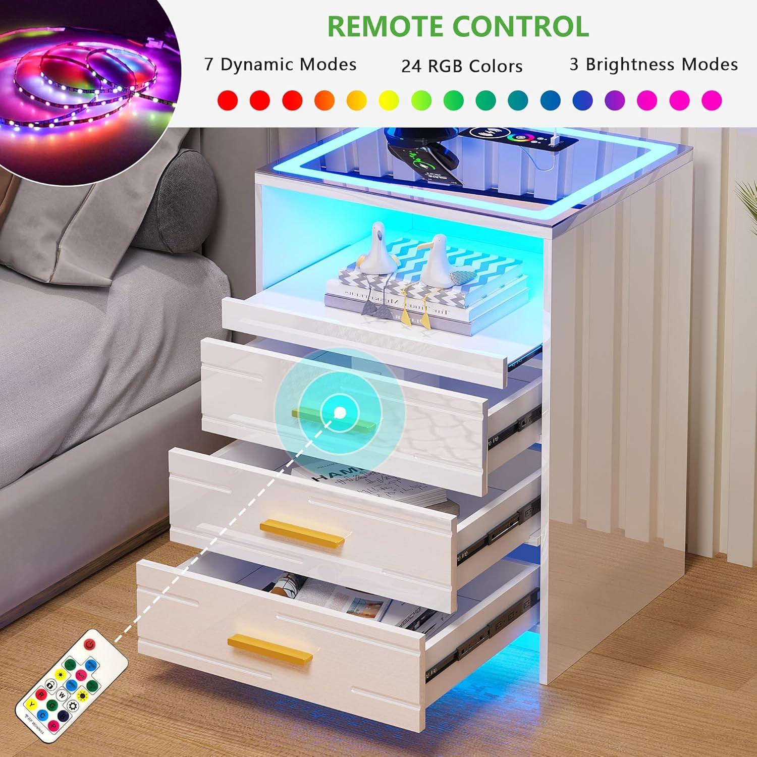 HNEBC Smart LED Nightstand with Wireless Charging & USB Ports, High Glossy Night Stand with 3 Drawers and 1 Pull-Out Tray, Modern Bedside Table with Human Sensor for Bedroom (White)