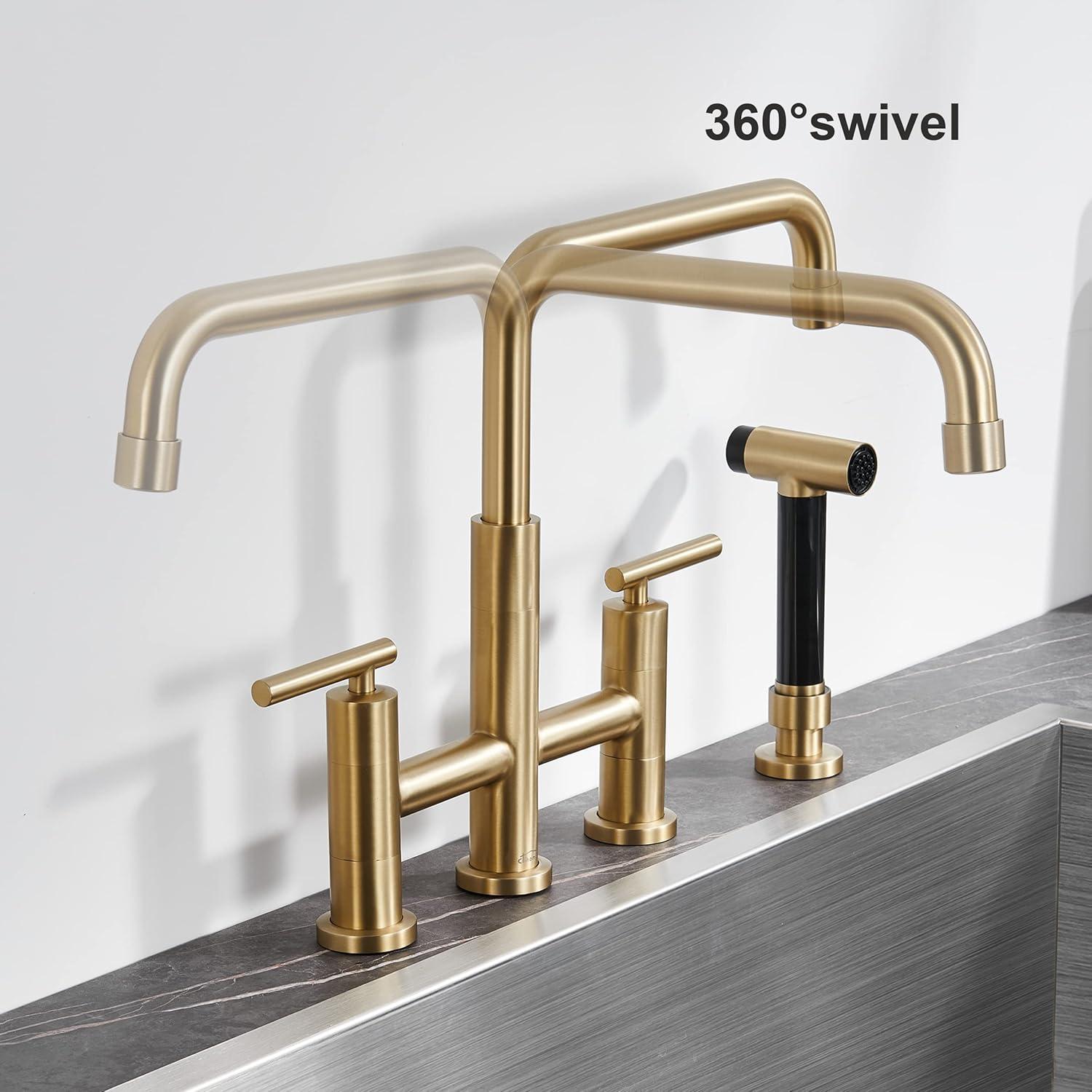 Double Handle Bridge Kitchen Faucet in Brushed Gold, with Put Out Side Sprayer