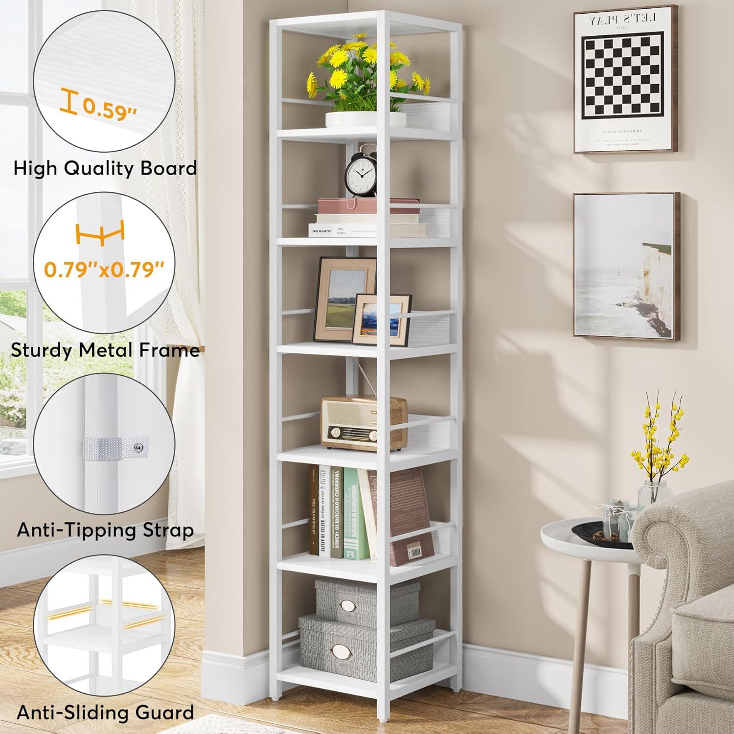75 Inch Tall Narrow Corner Shelves, 6-Tier Etagere Shelve Storage Rack Bookshelves for Home Office White