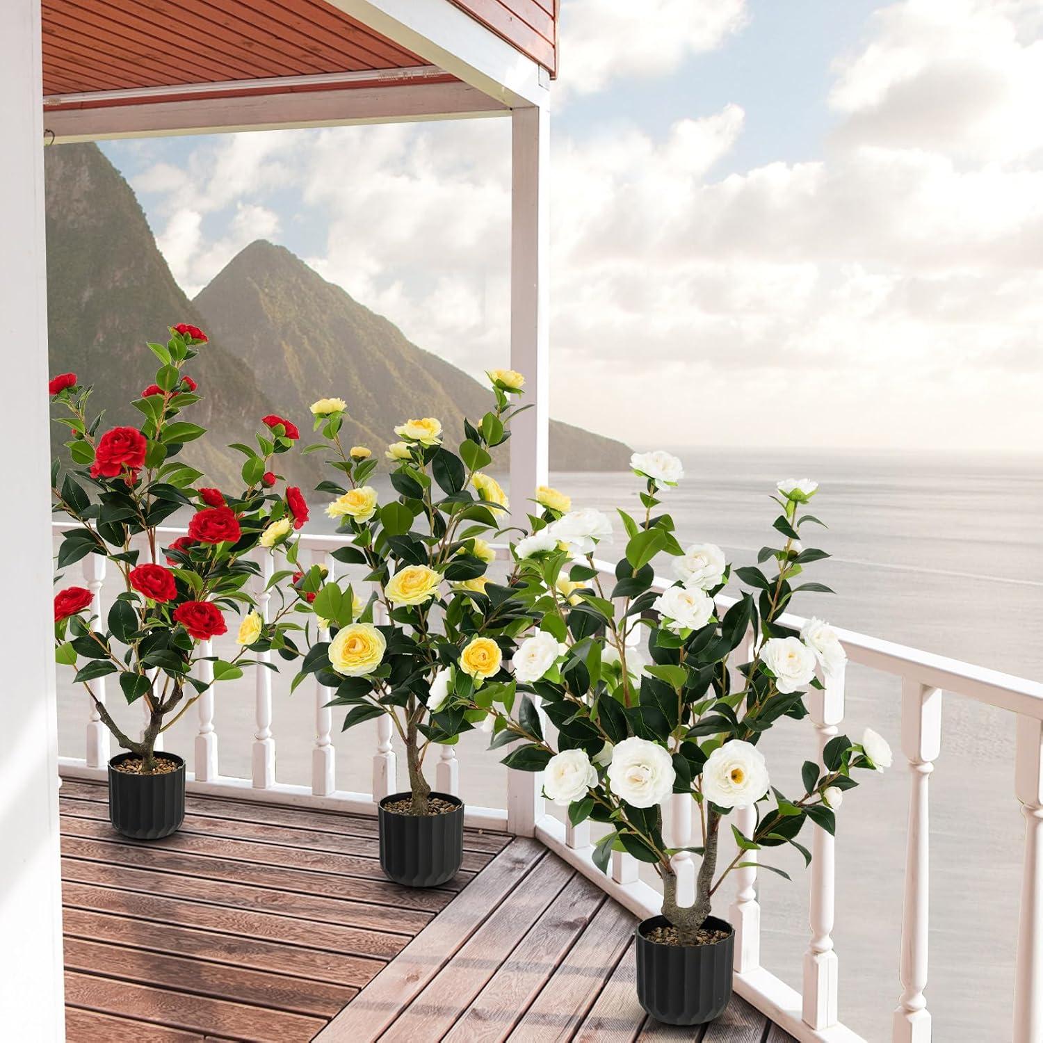 Primrue 38 In. Faux Camellia Tree In Pot Decorative Plant Indoor/Outdoor