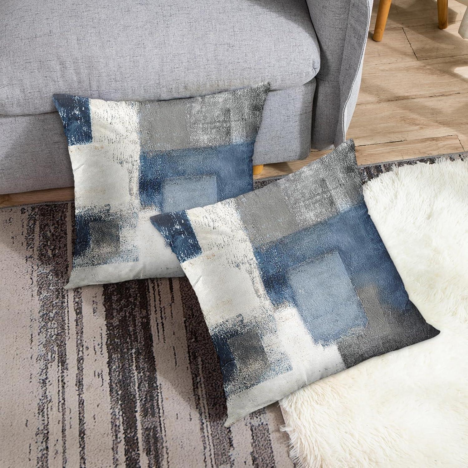 Emvency Set of 2 Blue White and Gray Throw Pillow Covers Modern Abstract Painting Decorative Sofa Pillow Cases Home Decor Standard Square 16x16 Inches Pillowcases