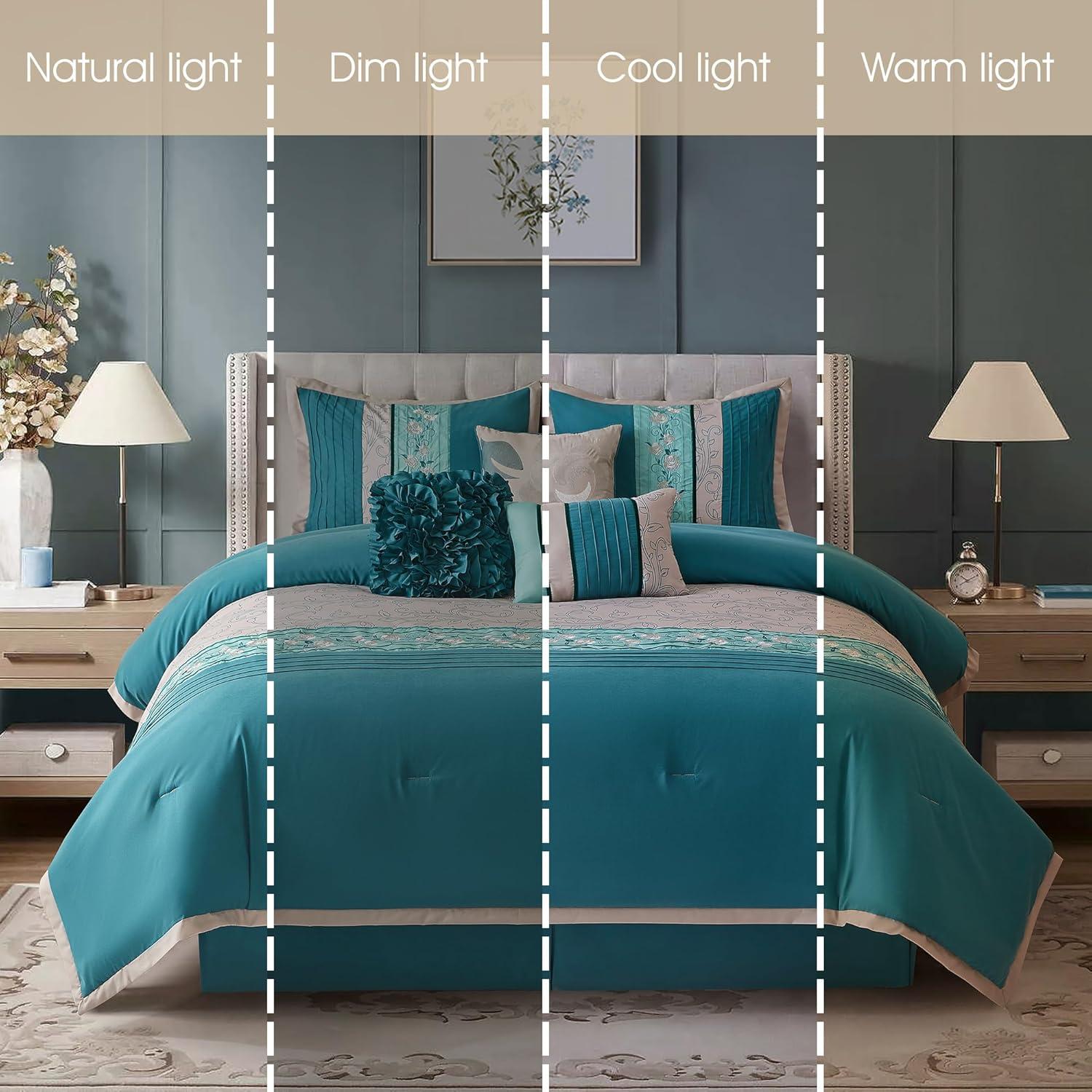 Lanco Dolores 7-Piece California King Comforter Set, Teal, Floral Fill Material 100% Polyester, All Season Premium Bedding Set