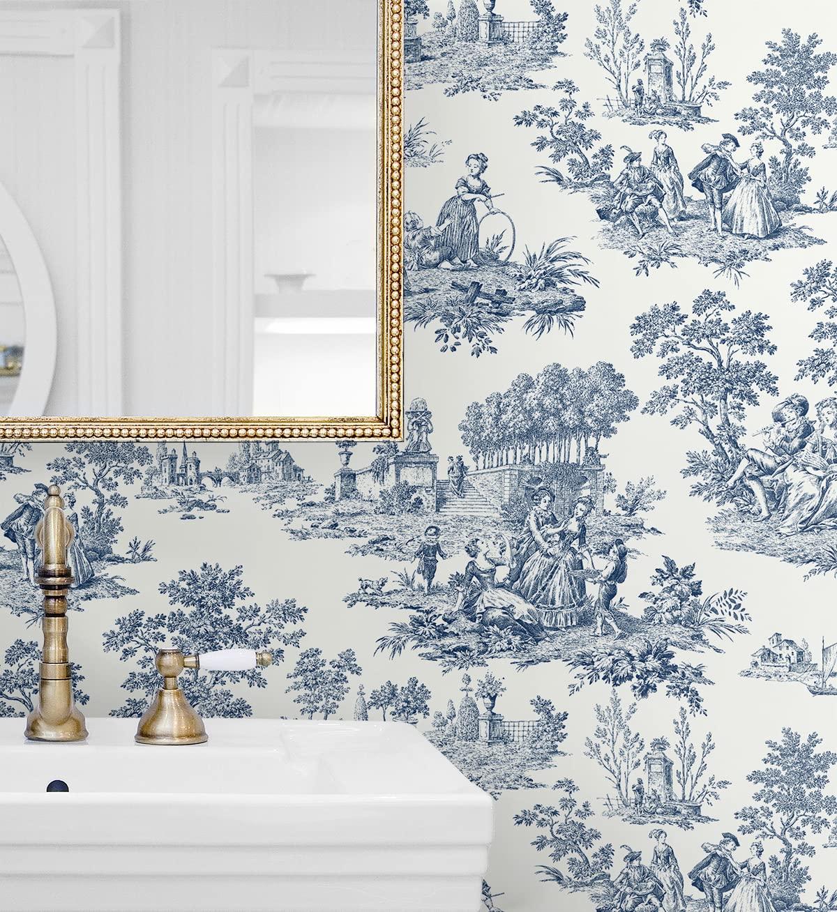 NextWall Blue Bell Chateau Toile Peel and Stick Wallpaper