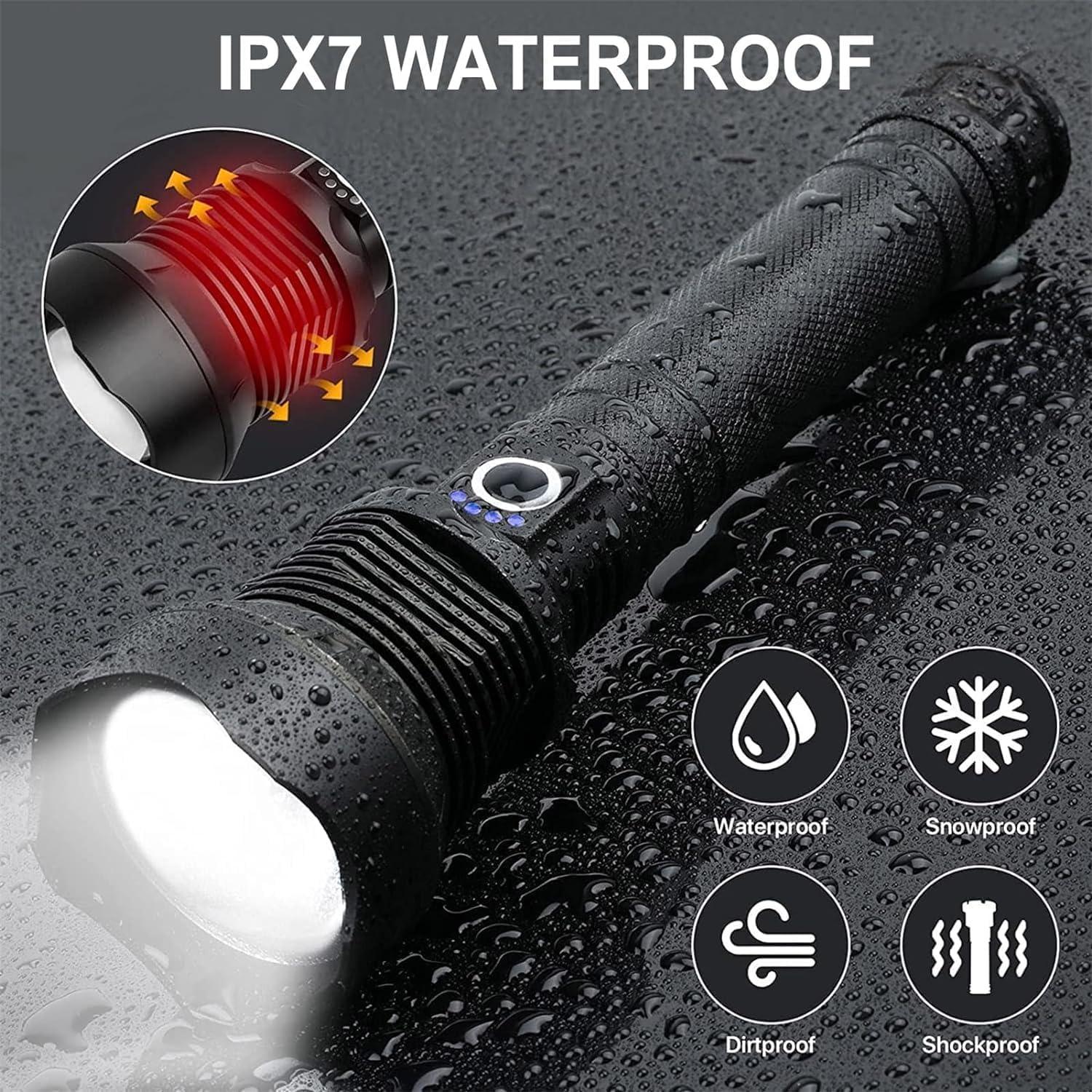Rechargeable LED Flashlight, High Lumens XHP90.2 Super Bright Tactical Flashlights with Zoomable 10 Modes Waterproof Powerful Flash Light for Camping Emergencies Outdoor Indoor