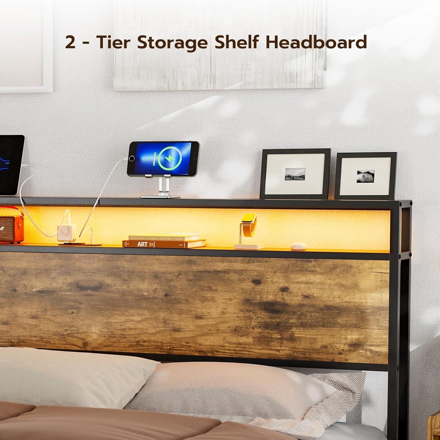 Ivy Bronx Kaiwei Storage Headboard With Led Lights & Charging Station - Industrial Metal And Wood